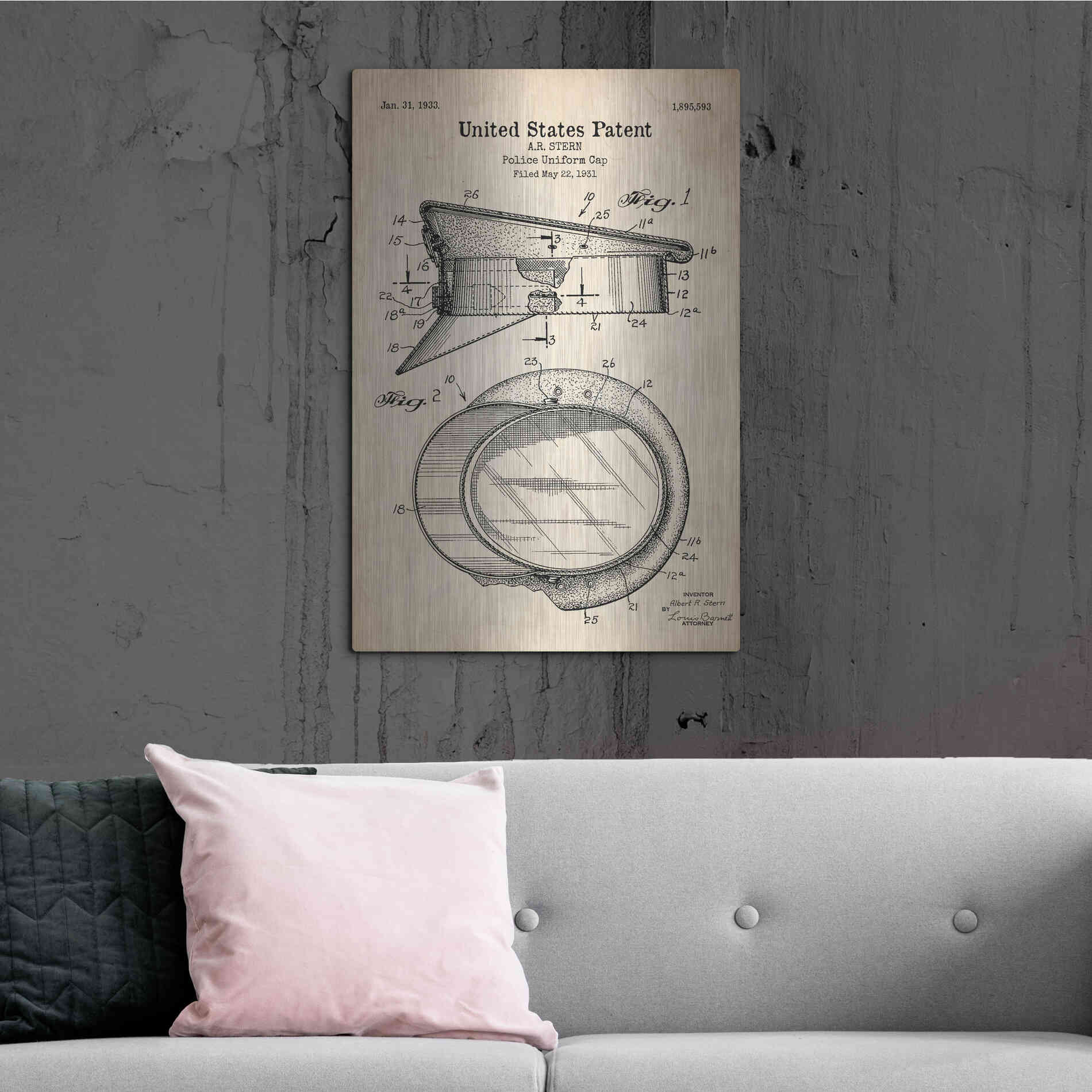 Luxe Metal Art 'Police Uniform Cap Blueprint Patent Parchment' Metal Wall Art,24x36