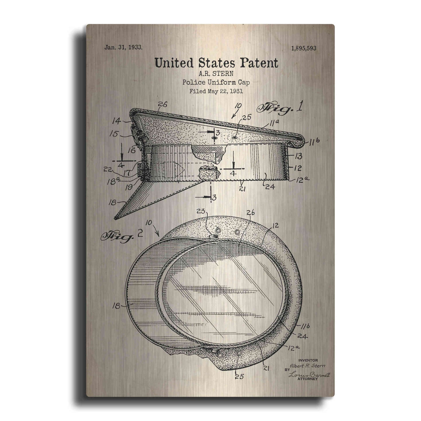 Luxe Metal Art 'Police Uniform Cap Blueprint Patent Parchment' Metal Wall Art