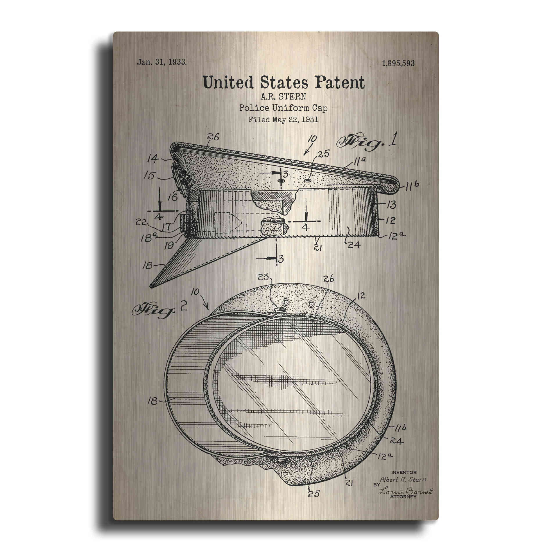 Luxe Metal Art 'Police Uniform Cap Blueprint Patent Parchment' Metal Wall Art