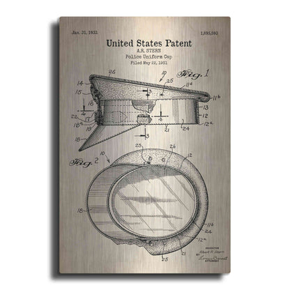 Luxe Metal Art 'Police Uniform Cap Blueprint Patent Parchment' Metal Wall Art