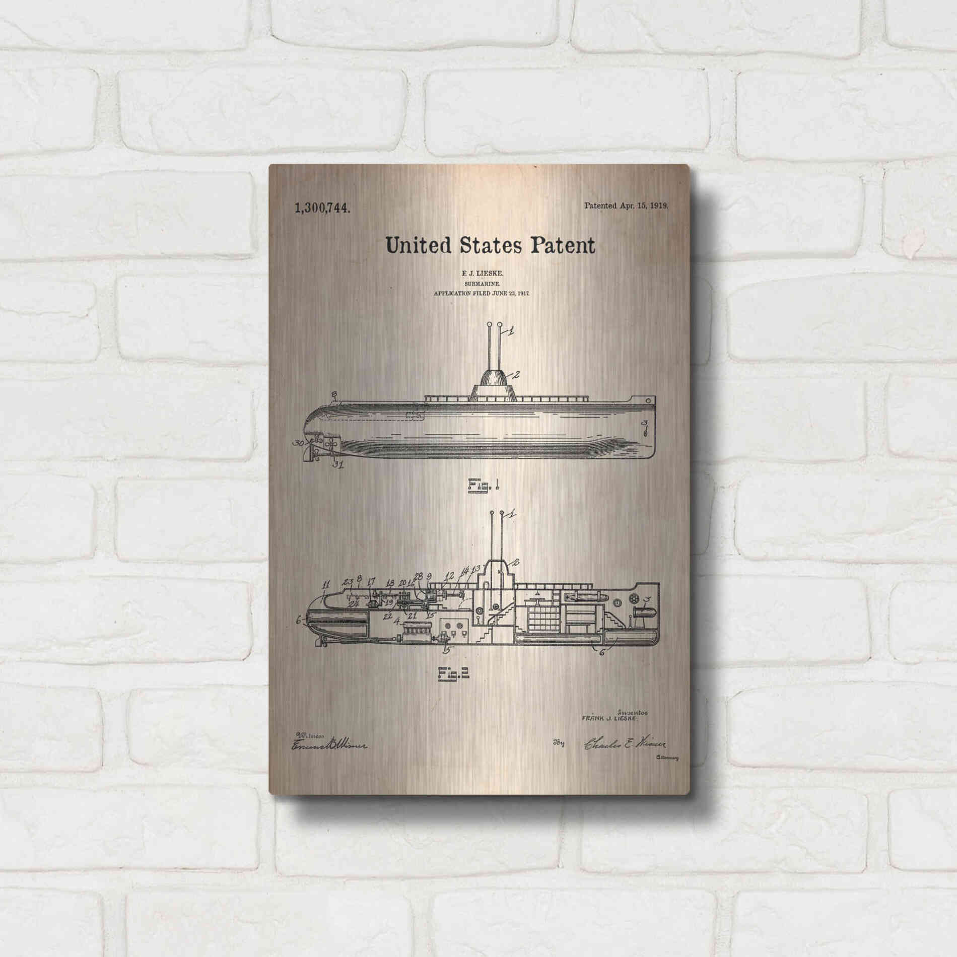 Luxe Metal Art 'Submarine Blueprint Patent Parchment' Metal Wall Art,12x16