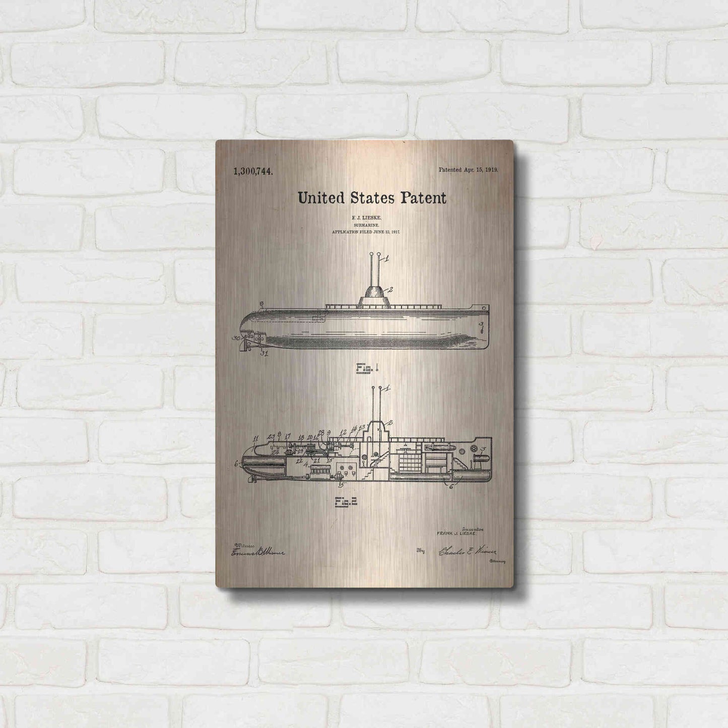 Luxe Metal Art 'Submarine Blueprint Patent Parchment' Metal Wall Art,16x24
