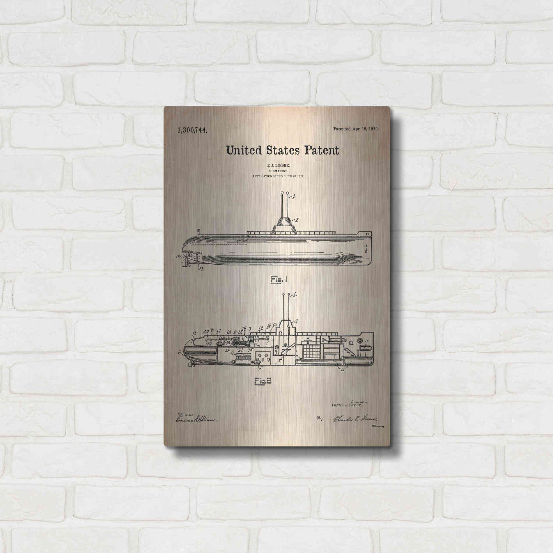 Luxe Metal Art 'Submarine Blueprint Patent Parchment' Metal Wall Art,16x24