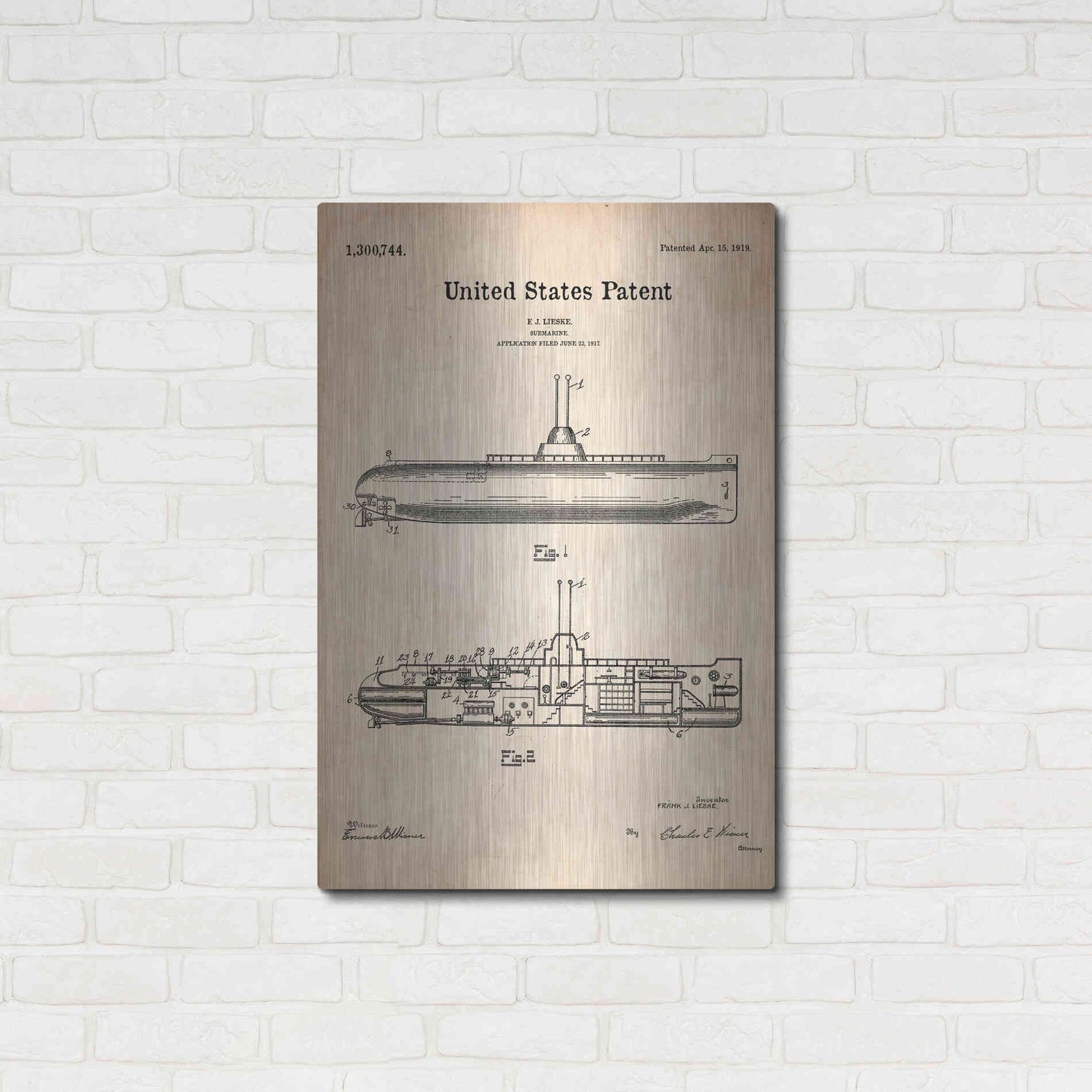 Luxe Metal Art 'Submarine Blueprint Patent Parchment' Metal Wall Art,24x36