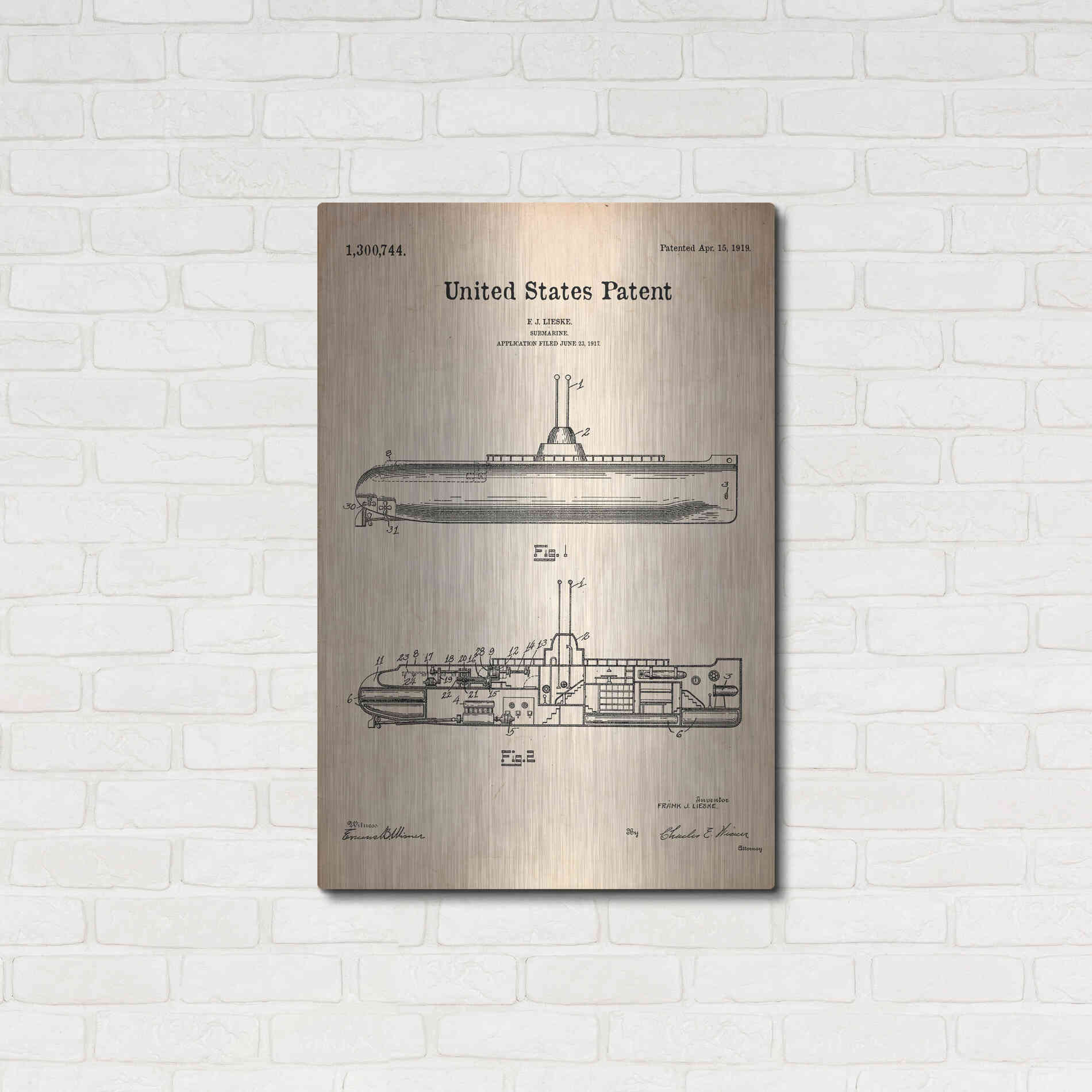 Luxe Metal Art 'Submarine Blueprint Patent Parchment' Metal Wall Art,24x36