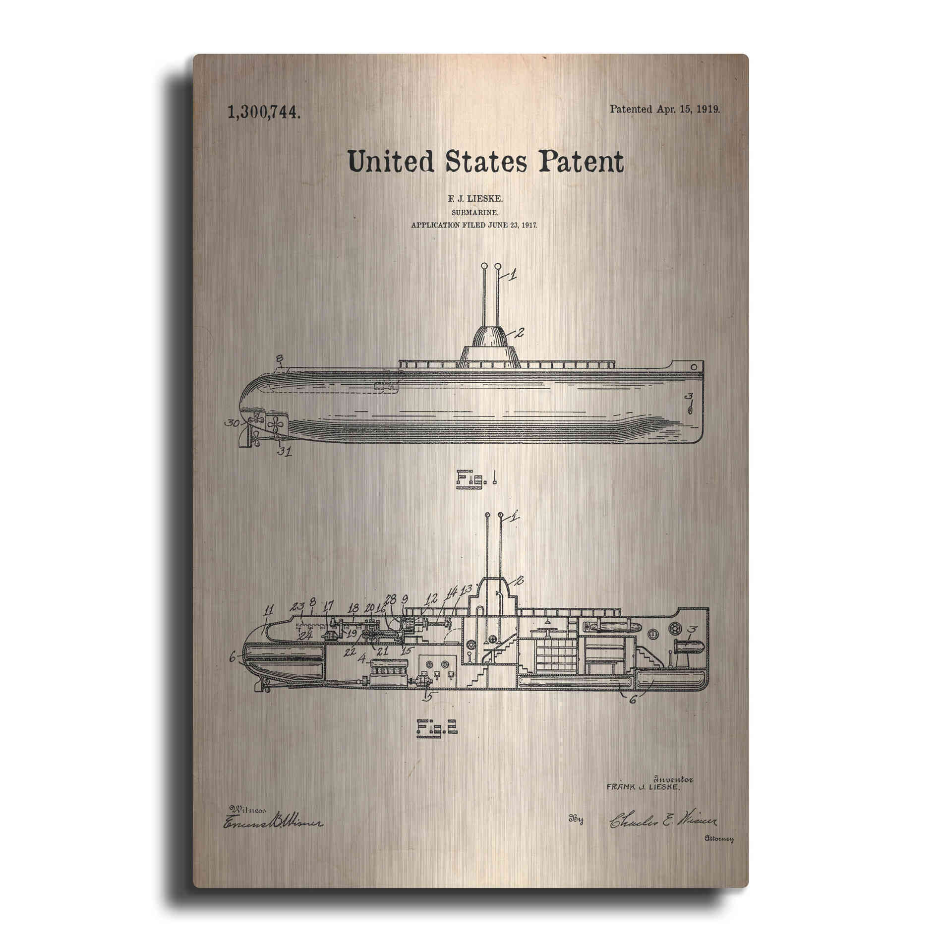 Luxe Metal Art 'Submarine Blueprint Patent Parchment' Metal Wall Art