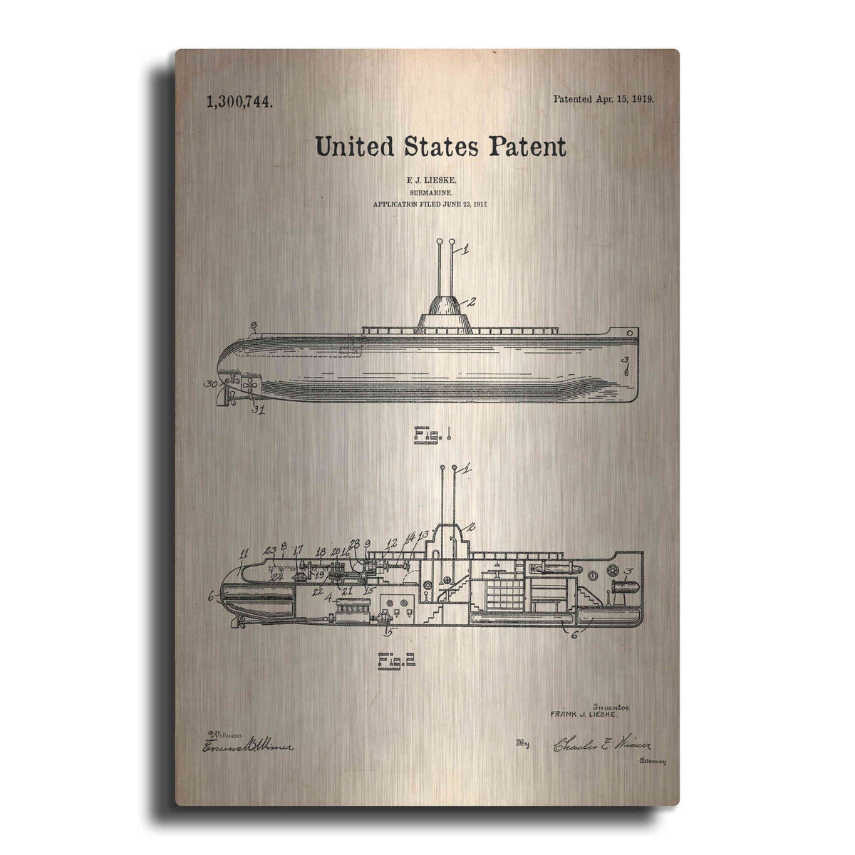 Luxe Metal Art 'Submarine Blueprint Patent Parchment' Metal Wall Art
