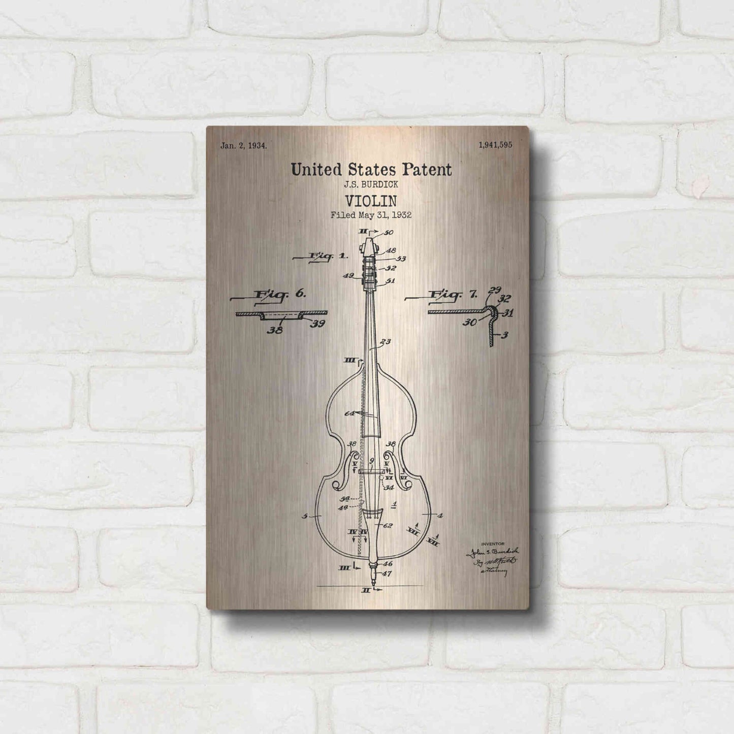 Luxe Metal Art 'Violin Blueprint Patent Parchment' Metal Wall Art,12x16