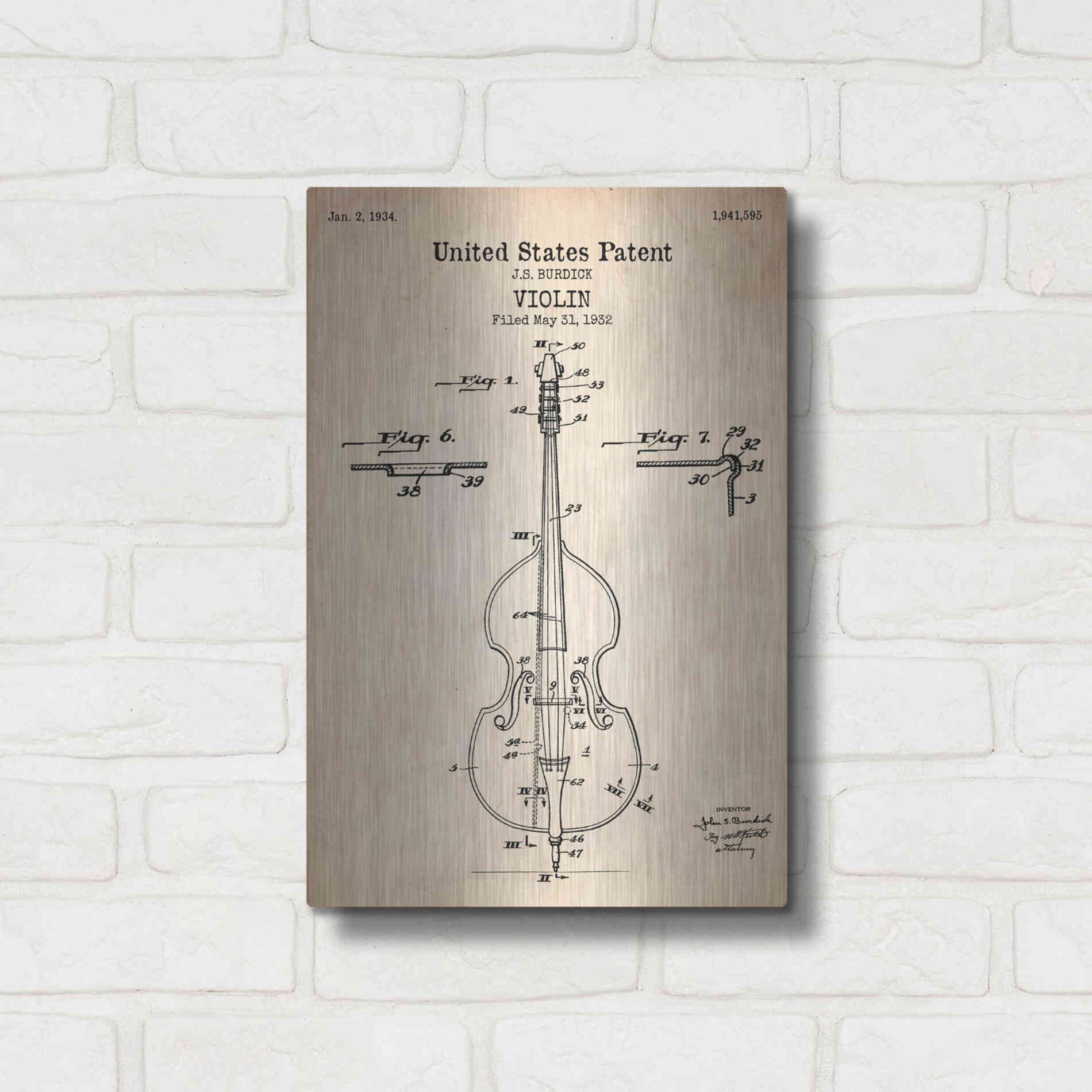 Luxe Metal Art 'Violin Blueprint Patent Parchment' Metal Wall Art,12x16