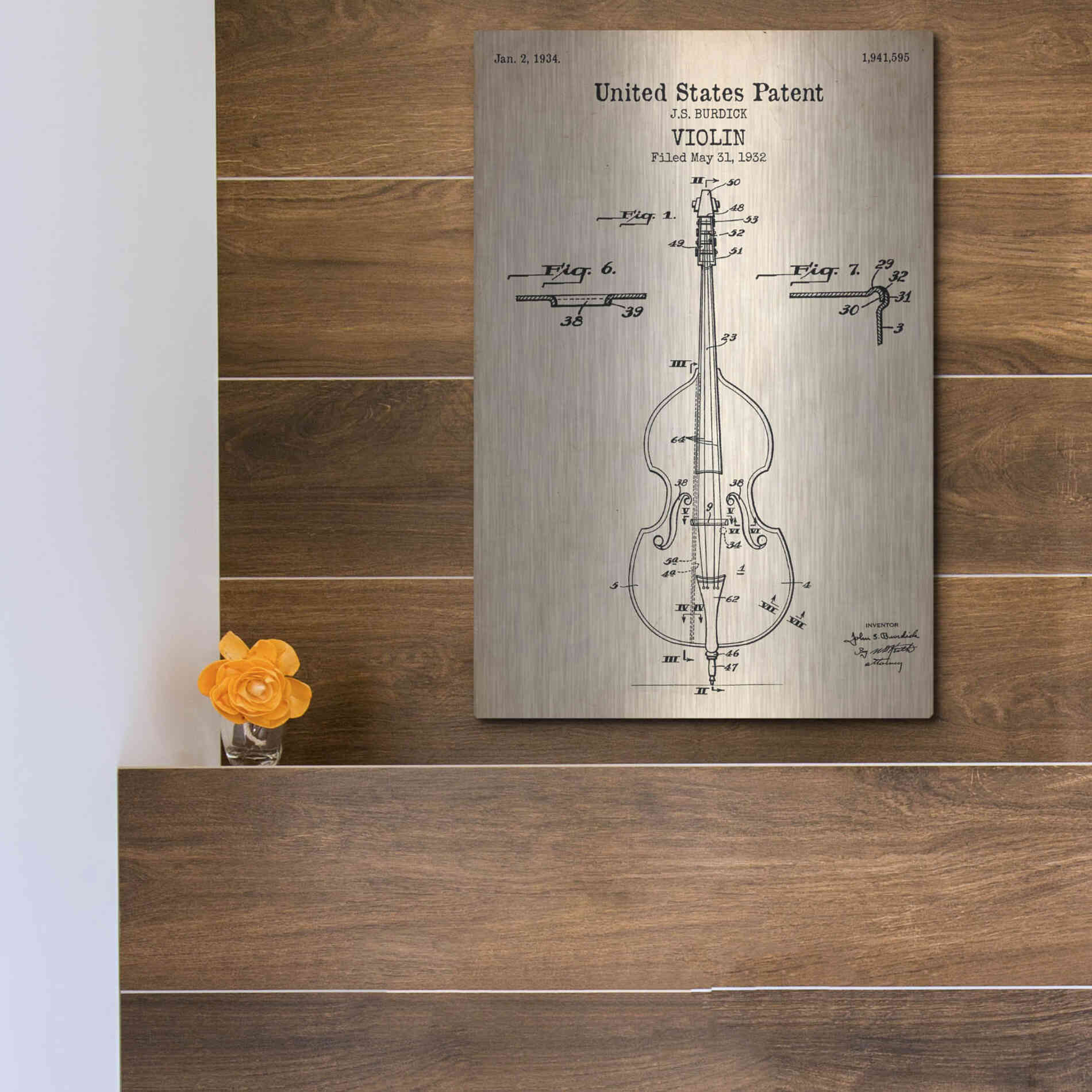 Luxe Metal Art 'Violin Blueprint Patent Parchment' Metal Wall Art,12x16