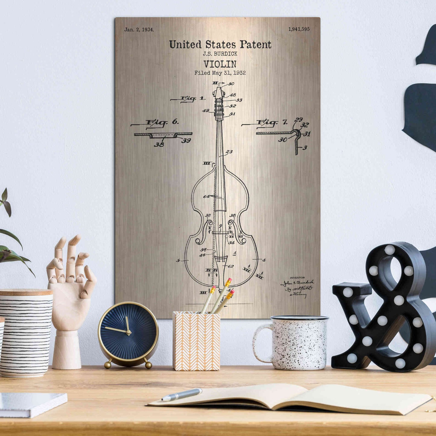 Luxe Metal Art 'Violin Blueprint Patent Parchment' Metal Wall Art,12x16