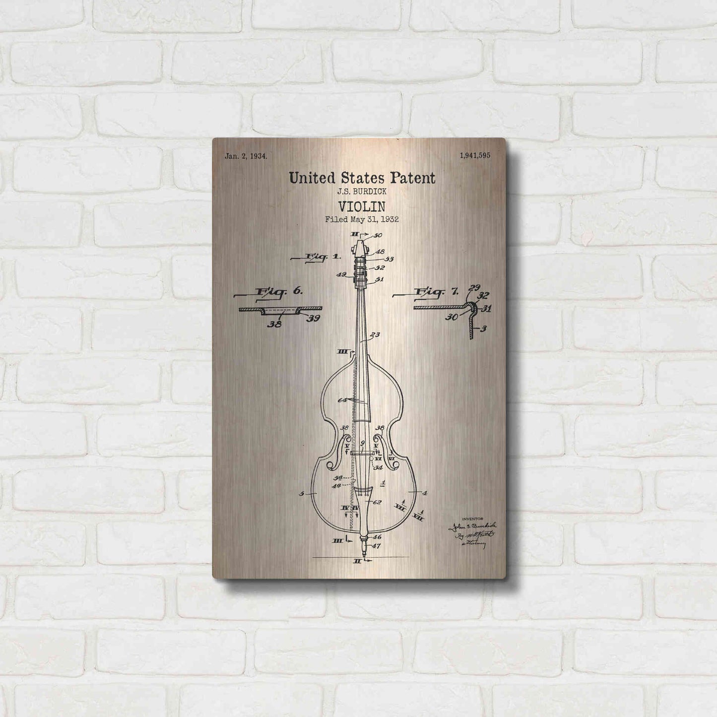 Luxe Metal Art 'Violin Blueprint Patent Parchment' Metal Wall Art,16x24
