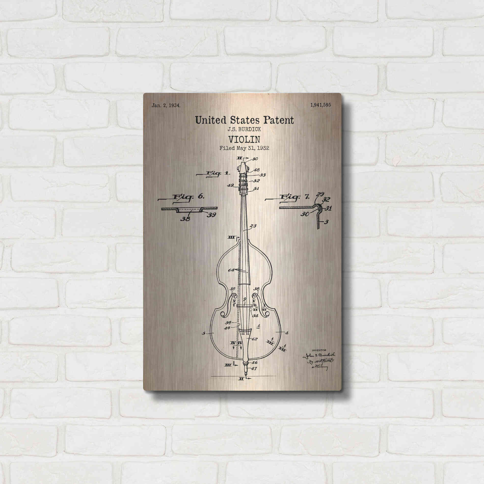 Luxe Metal Art 'Violin Blueprint Patent Parchment' Metal Wall Art,16x24