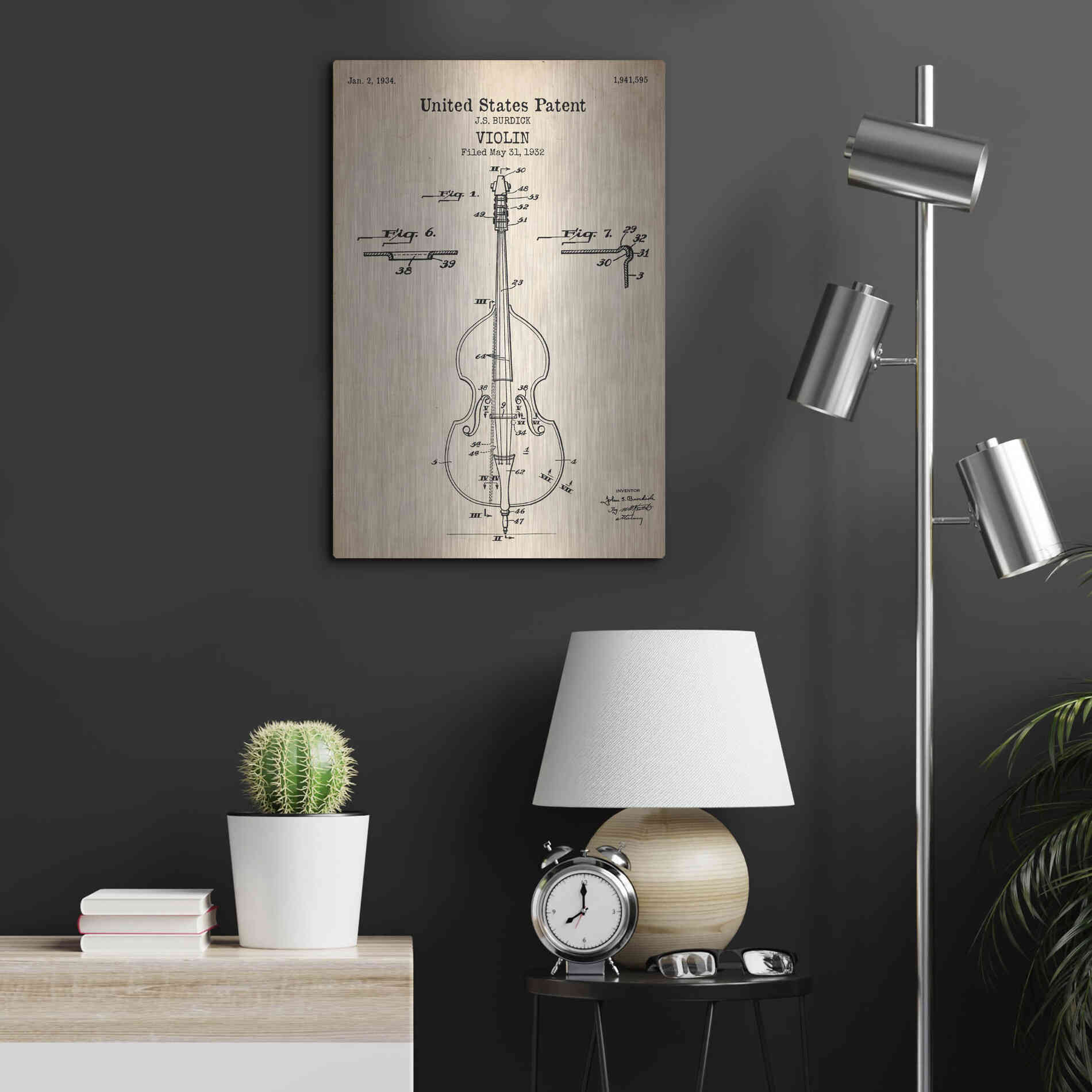 Luxe Metal Art 'Violin Blueprint Patent Parchment' Metal Wall Art,16x24