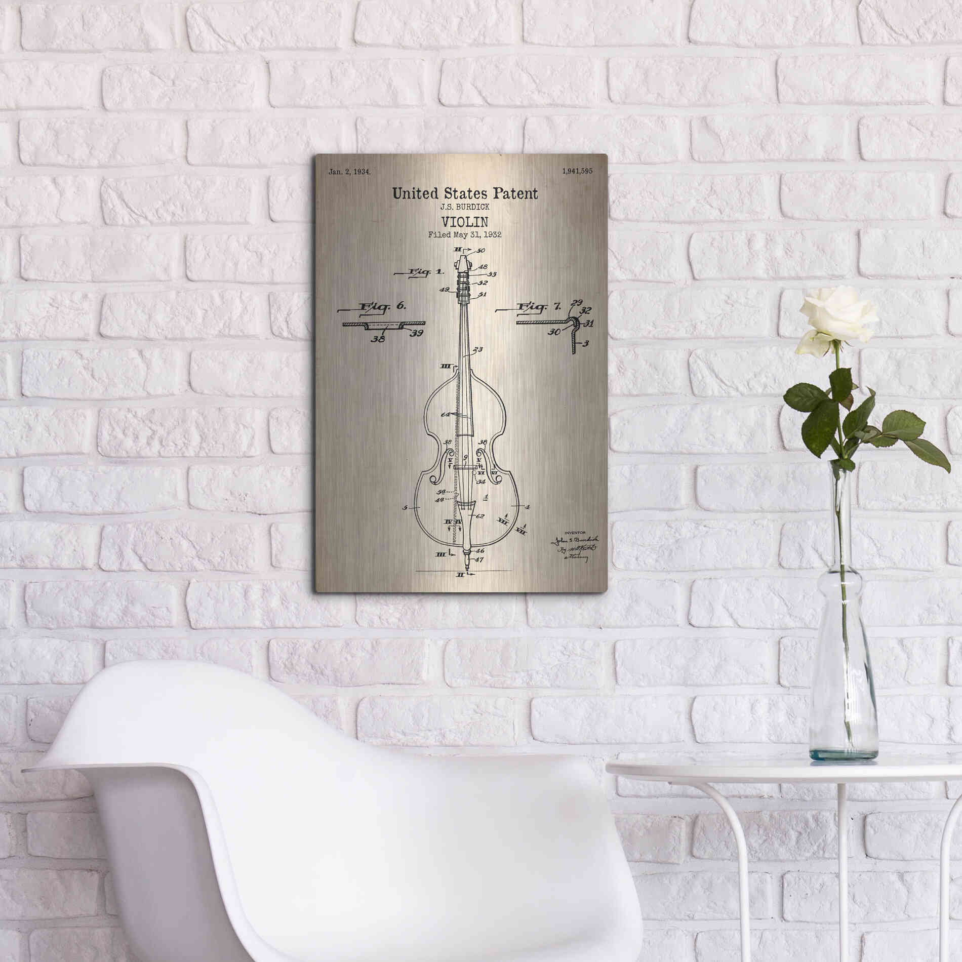 Luxe Metal Art 'Violin Blueprint Patent Parchment' Metal Wall Art,16x24