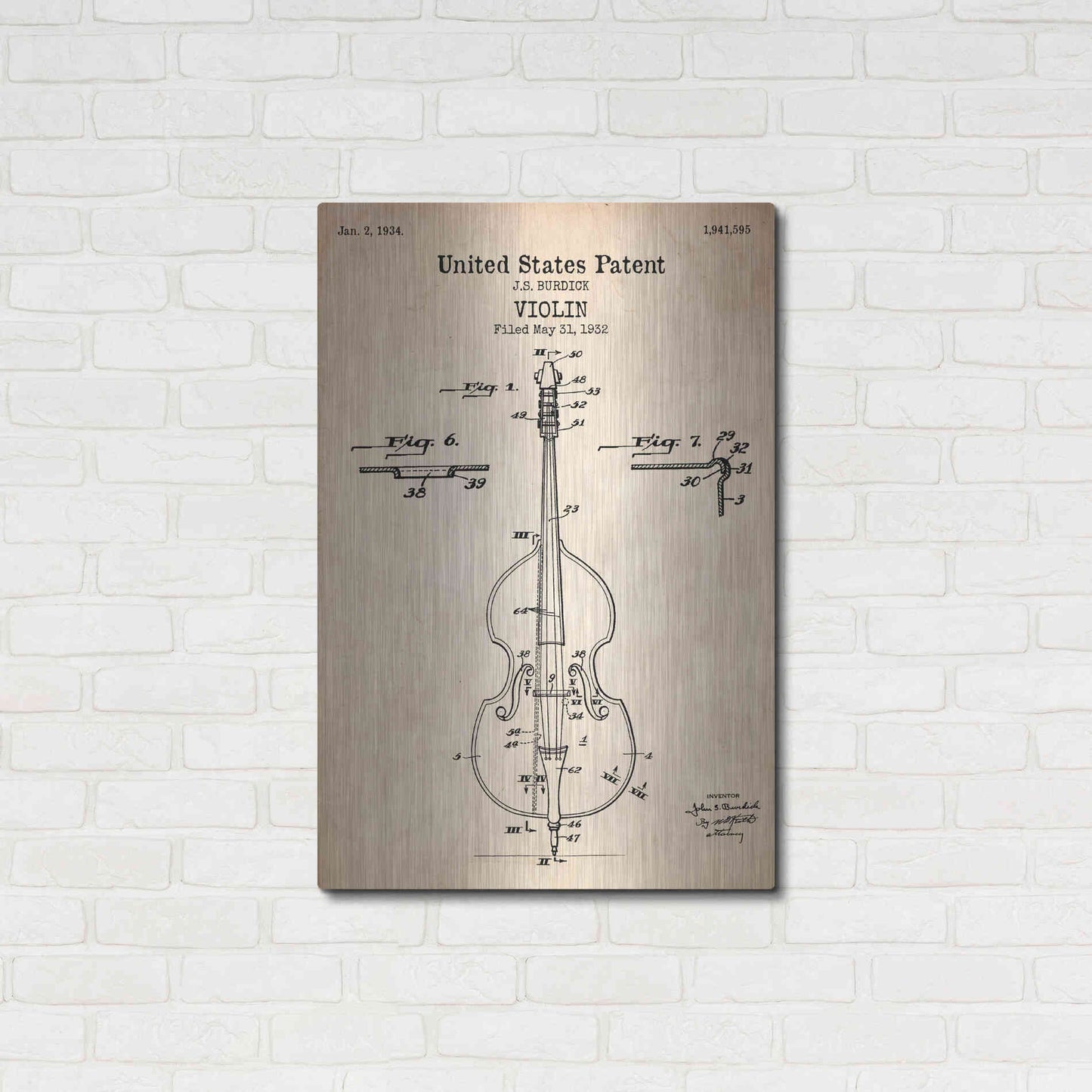 Luxe Metal Art 'Violin Blueprint Patent Parchment' Metal Wall Art,24x36