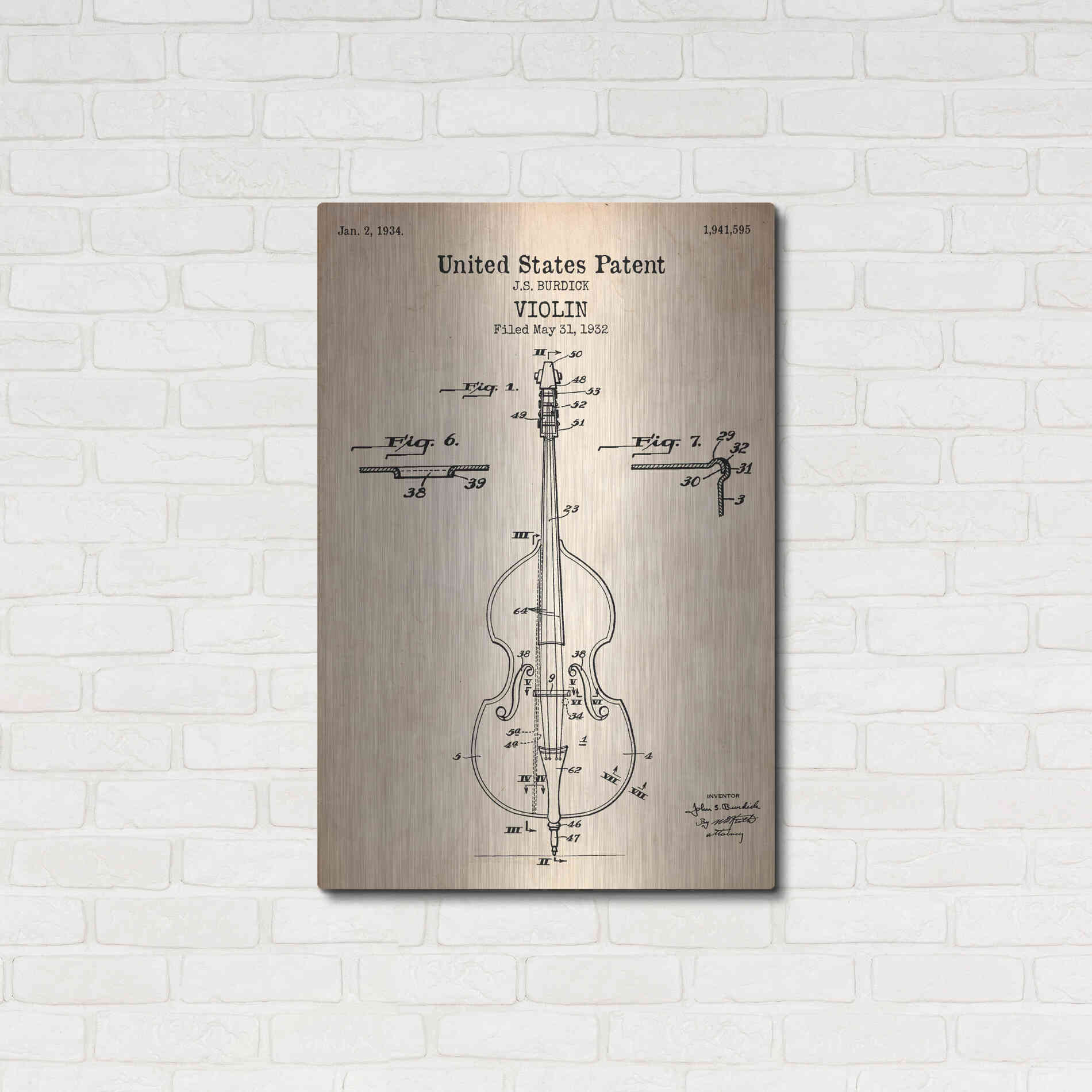 Luxe Metal Art 'Violin Blueprint Patent Parchment' Metal Wall Art,24x36