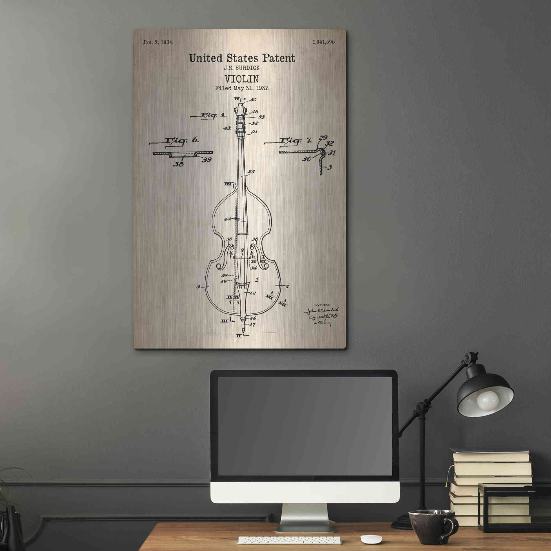 Luxe Metal Art 'Violin Blueprint Patent Parchment' Metal Wall Art,24x36