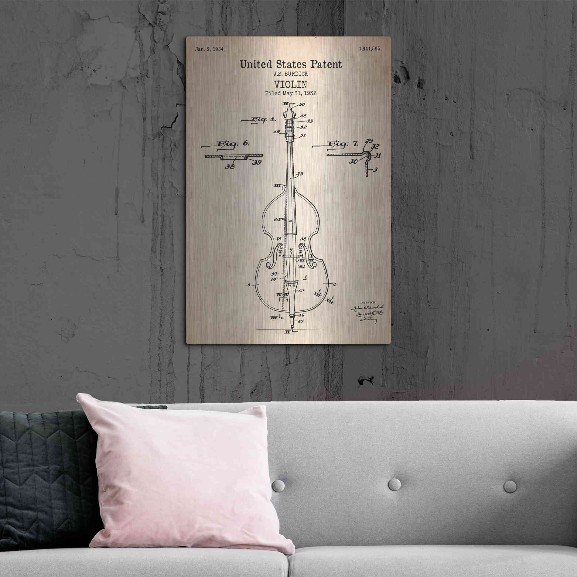Luxe Metal Art 'Violin Blueprint Patent Parchment' Metal Wall Art,24x36
