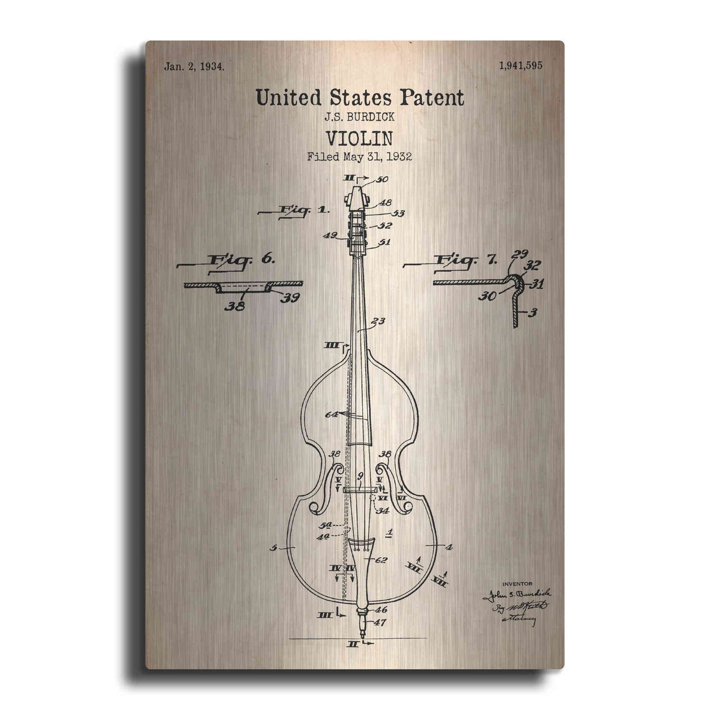 Luxe Metal Art 'Violin Blueprint Patent Parchment' Metal Wall Art