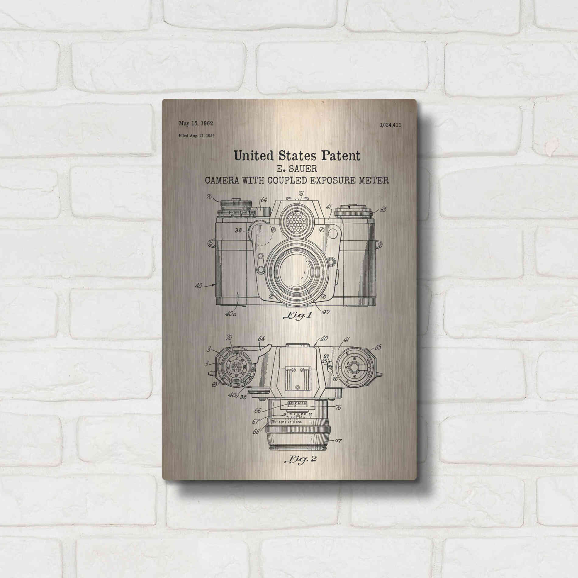 Luxe Metal Art 'Camera with Coupled Exposure Meter Blueprint Patent Parchment' Metal Wall Art,12x16