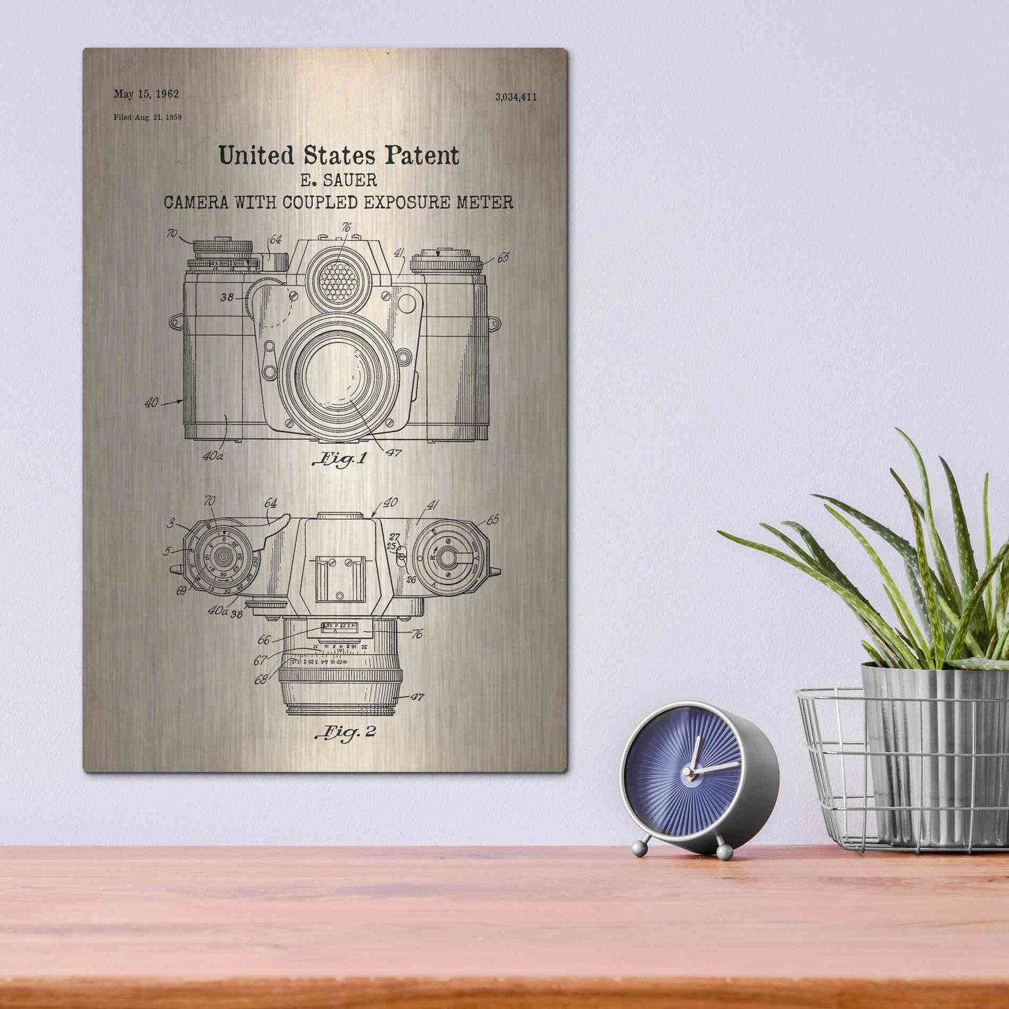 Luxe Metal Art 'Camera with Coupled Exposure Meter Blueprint Patent Parchment' Metal Wall Art,12x16