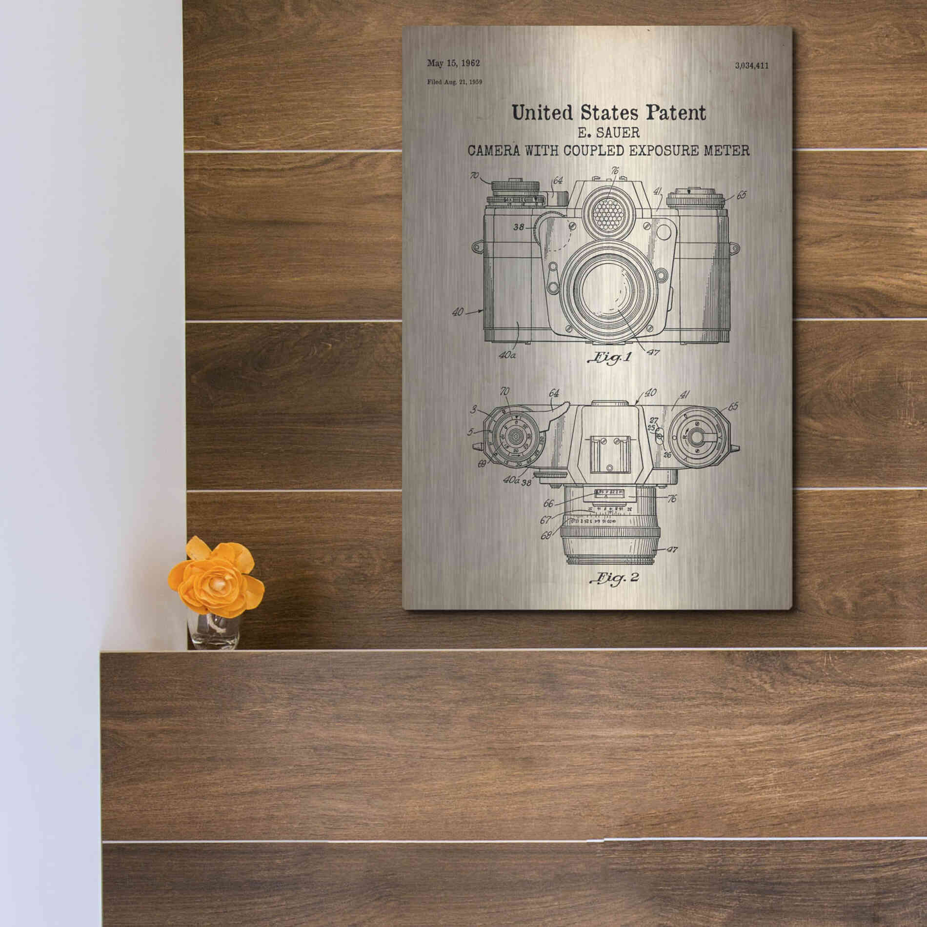 Luxe Metal Art 'Camera with Coupled Exposure Meter Blueprint Patent Parchment' Metal Wall Art,12x16