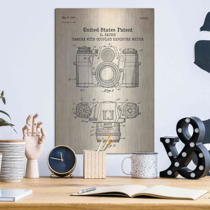 Luxe Metal Art 'Camera with Coupled Exposure Meter Blueprint Patent Parchment' Metal Wall Art,12x16