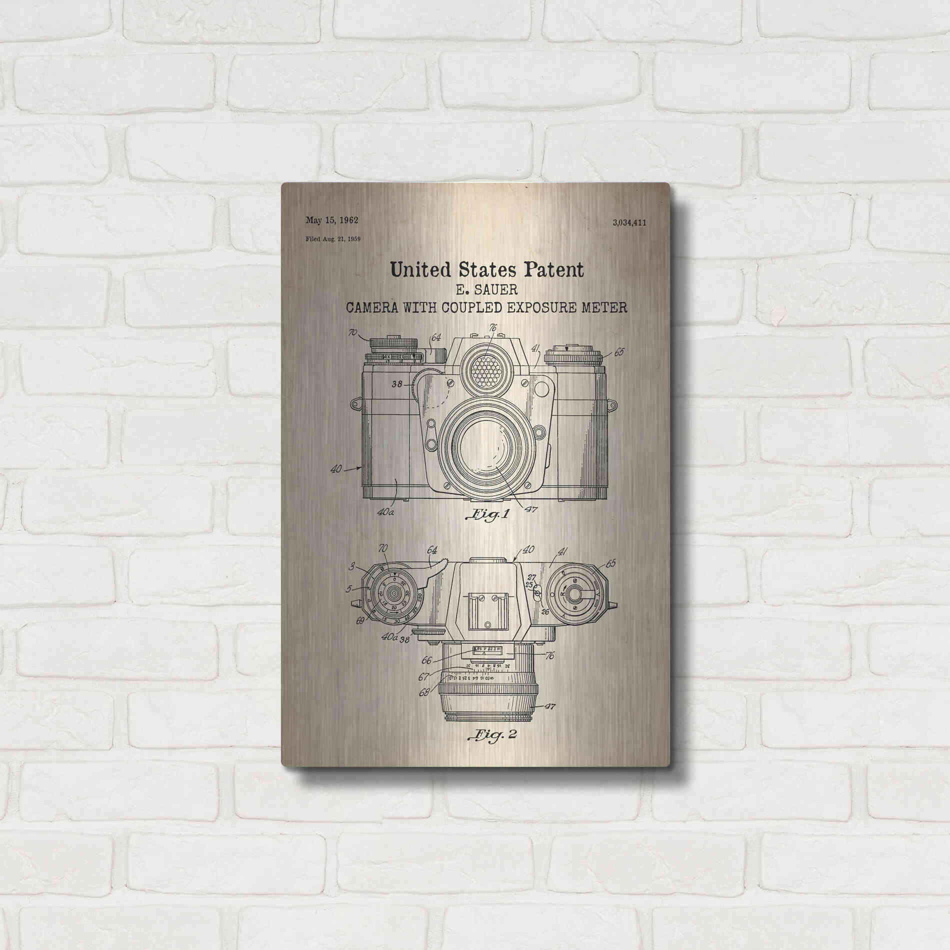 Luxe Metal Art 'Camera with Coupled Exposure Meter Blueprint Patent Parchment' Metal Wall Art,16x24