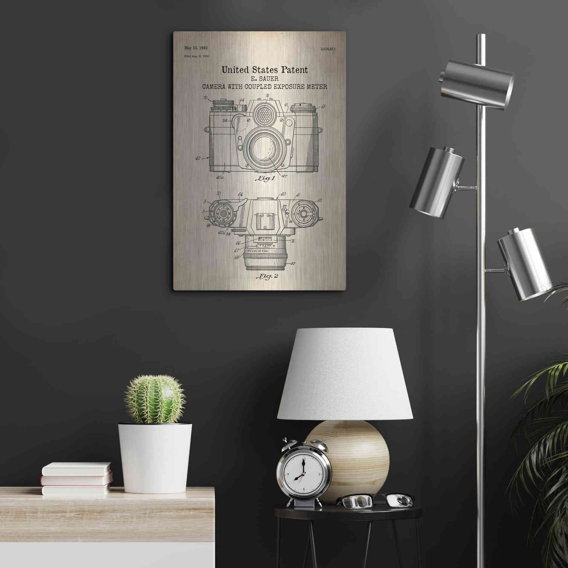 Luxe Metal Art 'Camera with Coupled Exposure Meter Blueprint Patent Parchment' Metal Wall Art,16x24