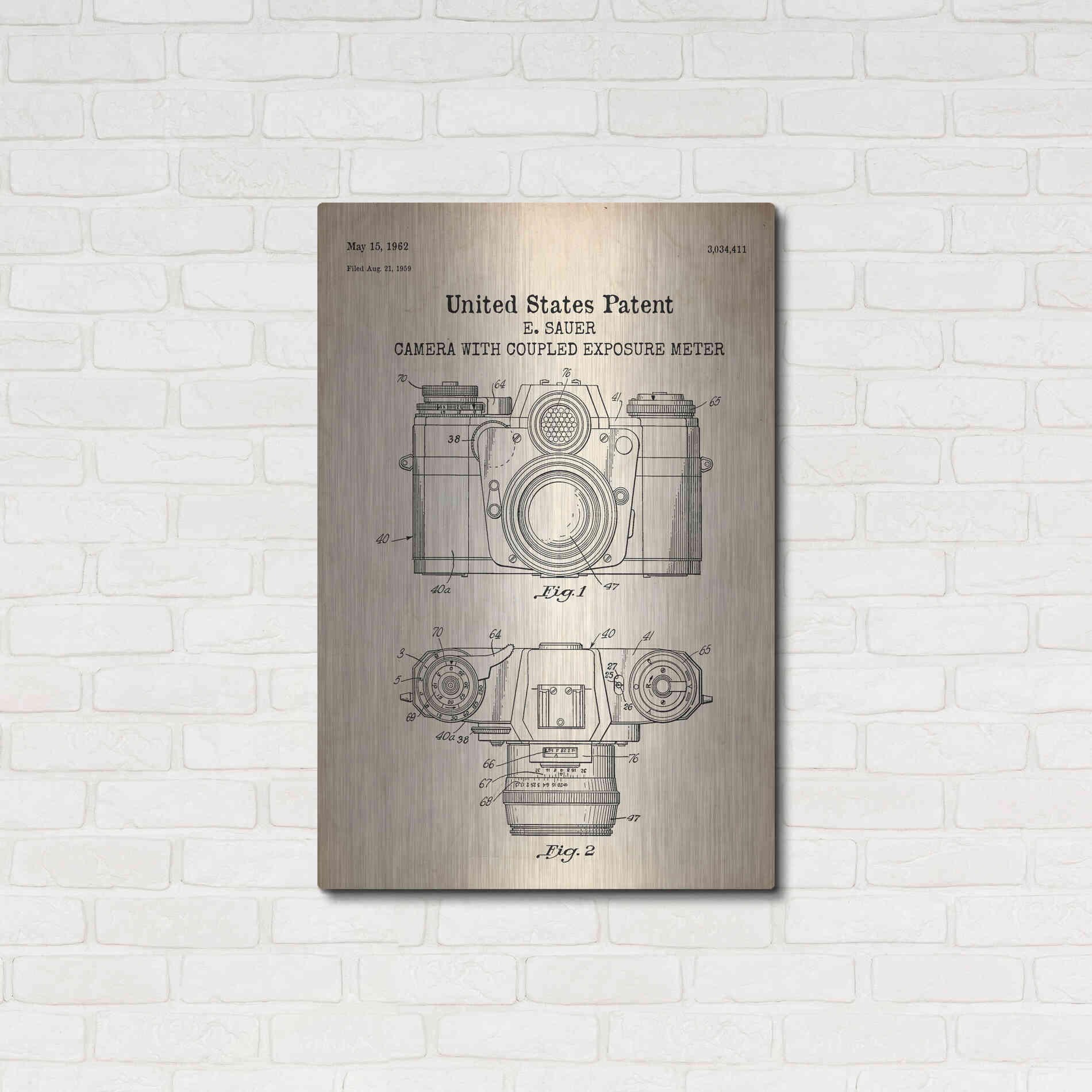 Luxe Metal Art 'Camera with Coupled Exposure Meter Blueprint Patent Parchment' Metal Wall Art,24x36