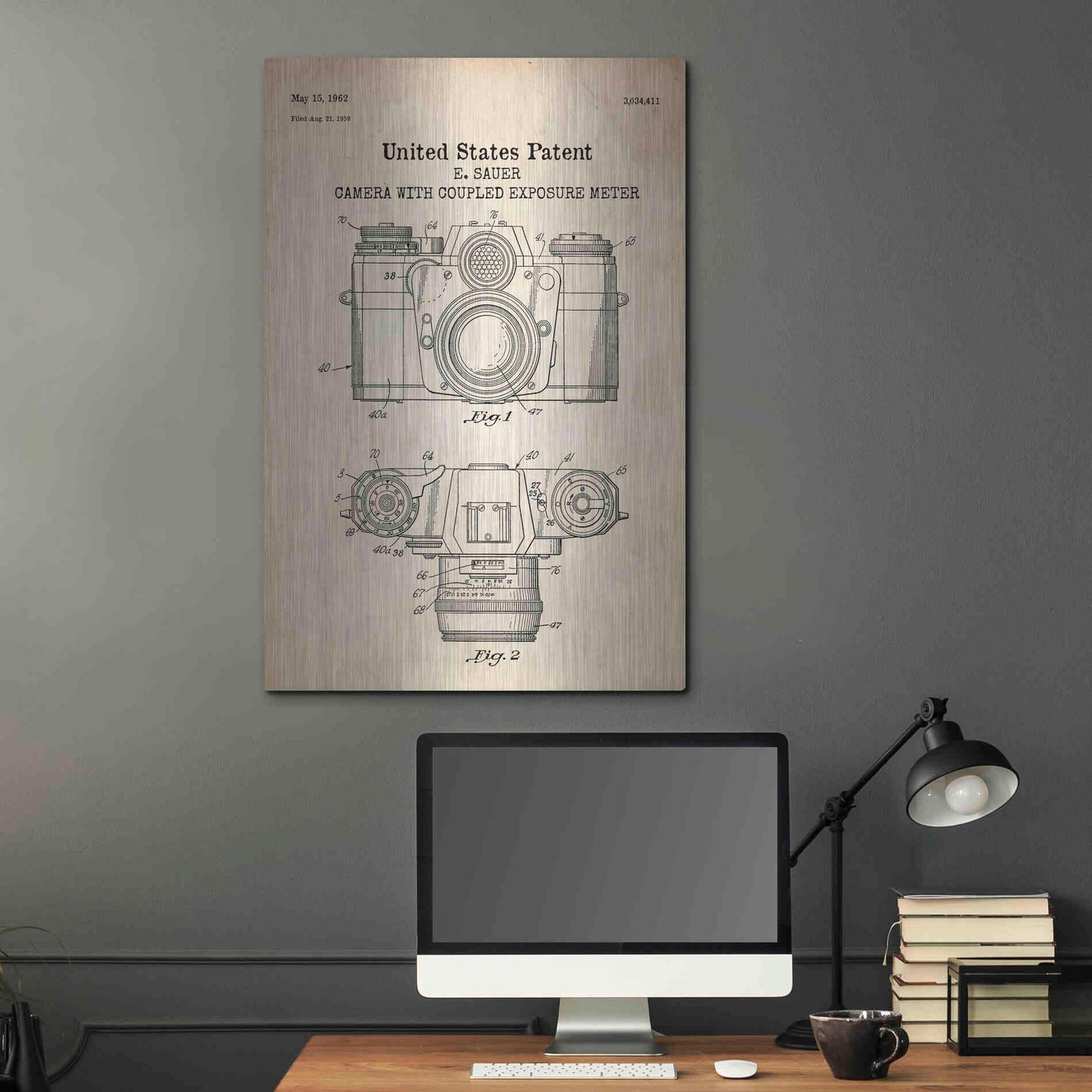 Luxe Metal Art 'Camera with Coupled Exposure Meter Blueprint Patent Parchment' Metal Wall Art,24x36