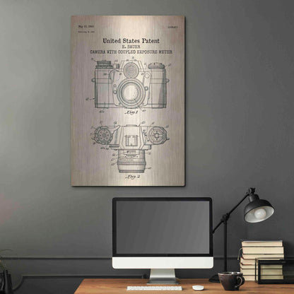 Luxe Metal Art 'Camera with Coupled Exposure Meter Blueprint Patent Parchment' Metal Wall Art,24x36