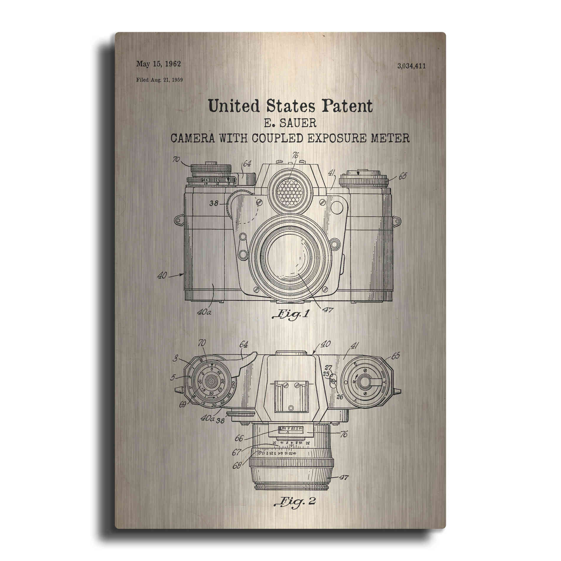 Luxe Metal Art 'Camera with Coupled Exposure Meter Blueprint Patent Parchment' Metal Wall Art