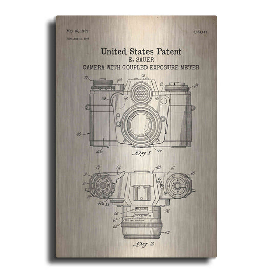 Luxe Metal Art 'Camera with Coupled Exposure Meter Blueprint Patent Parchment' Metal Wall Art