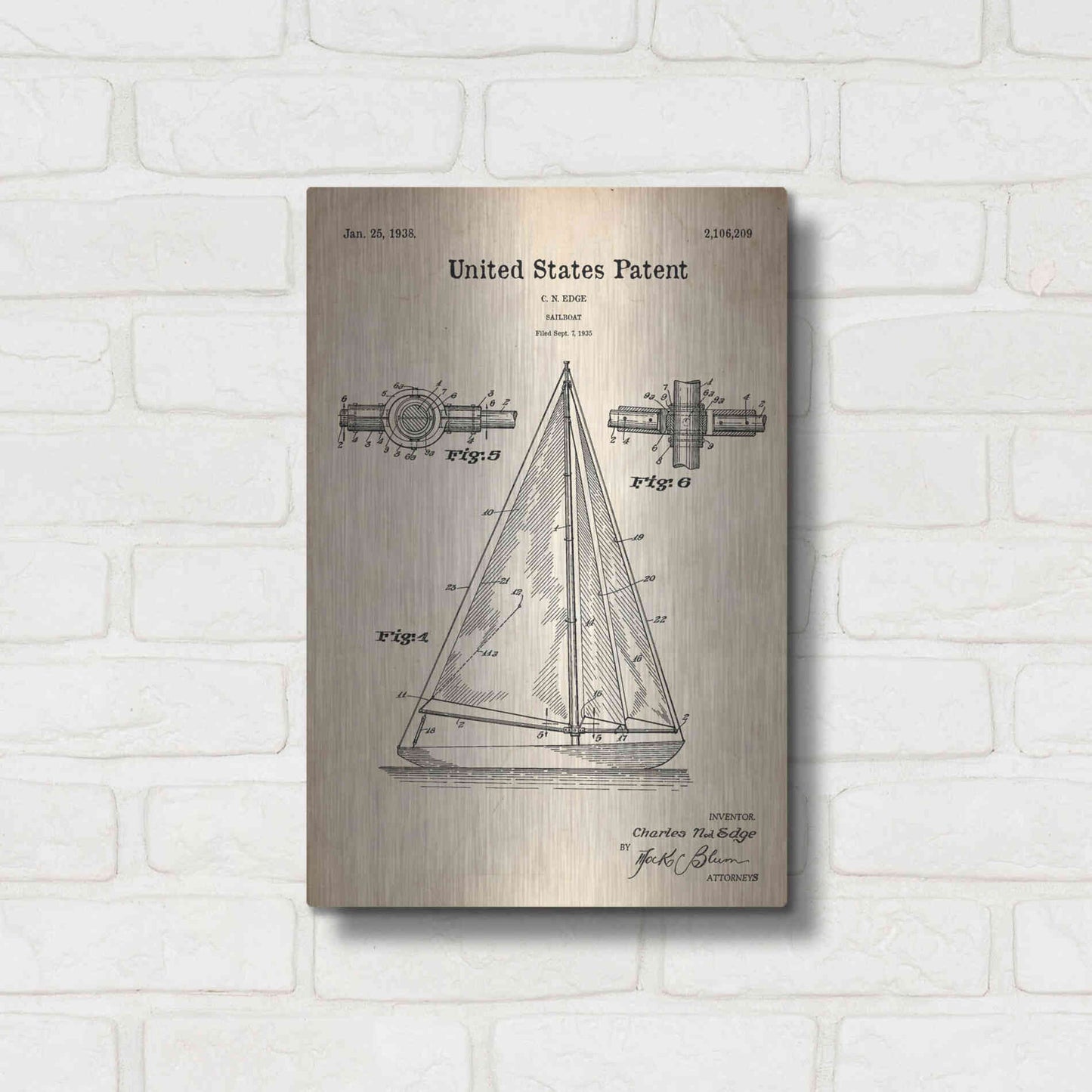 Luxe Metal Art 'Sailboat Blueprint Patent Parchment' Metal Wall Art,12x16