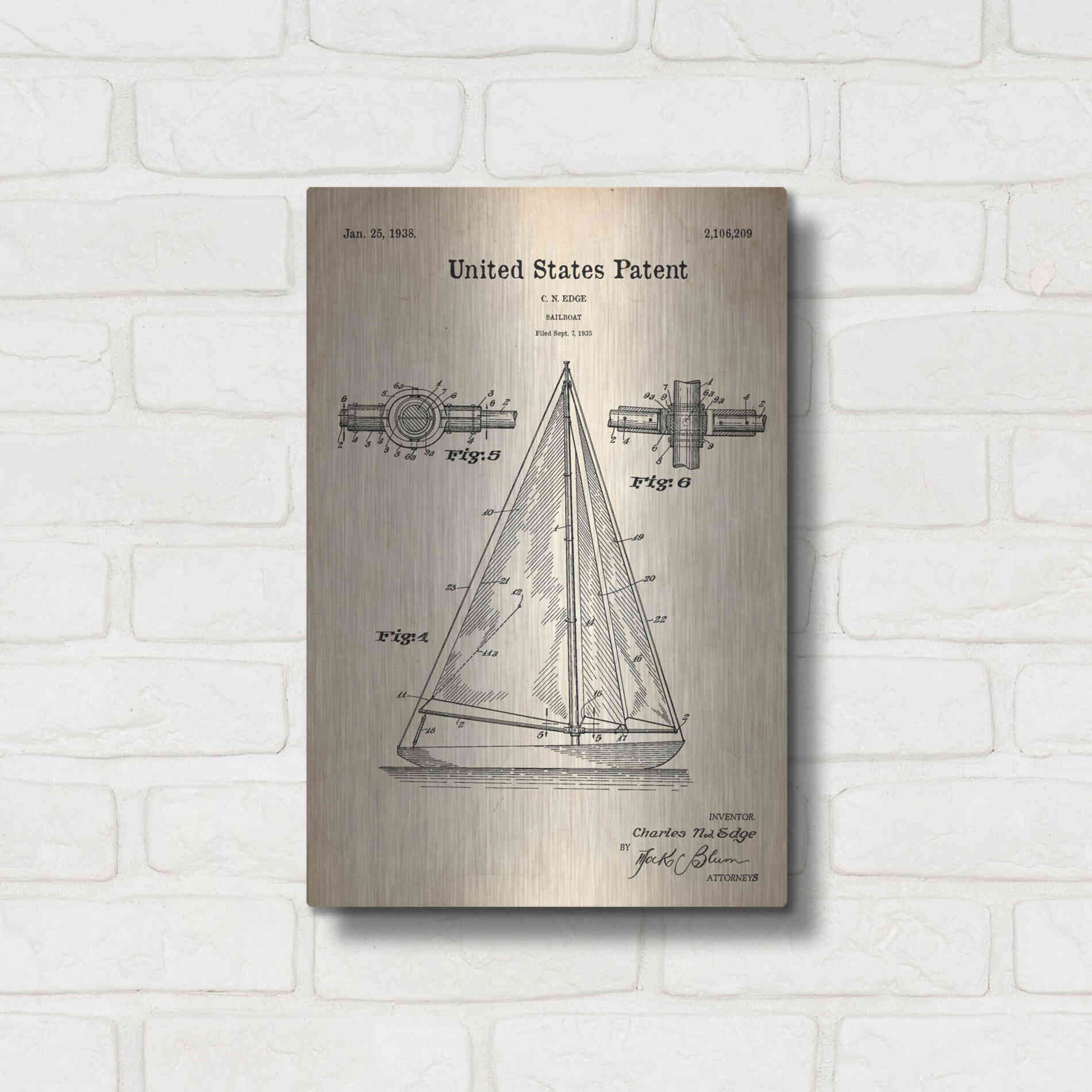 Luxe Metal Art 'Sailboat Blueprint Patent Parchment' Metal Wall Art,12x16