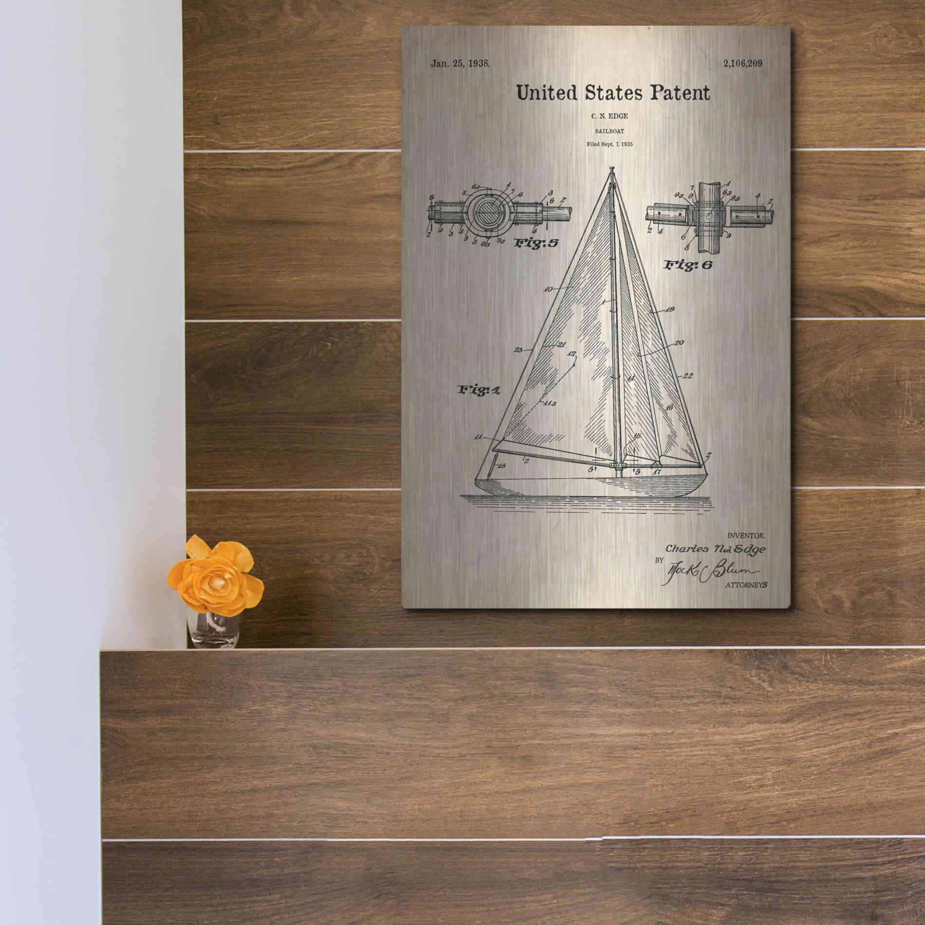 Luxe Metal Art 'Sailboat Blueprint Patent Parchment' Metal Wall Art,12x16