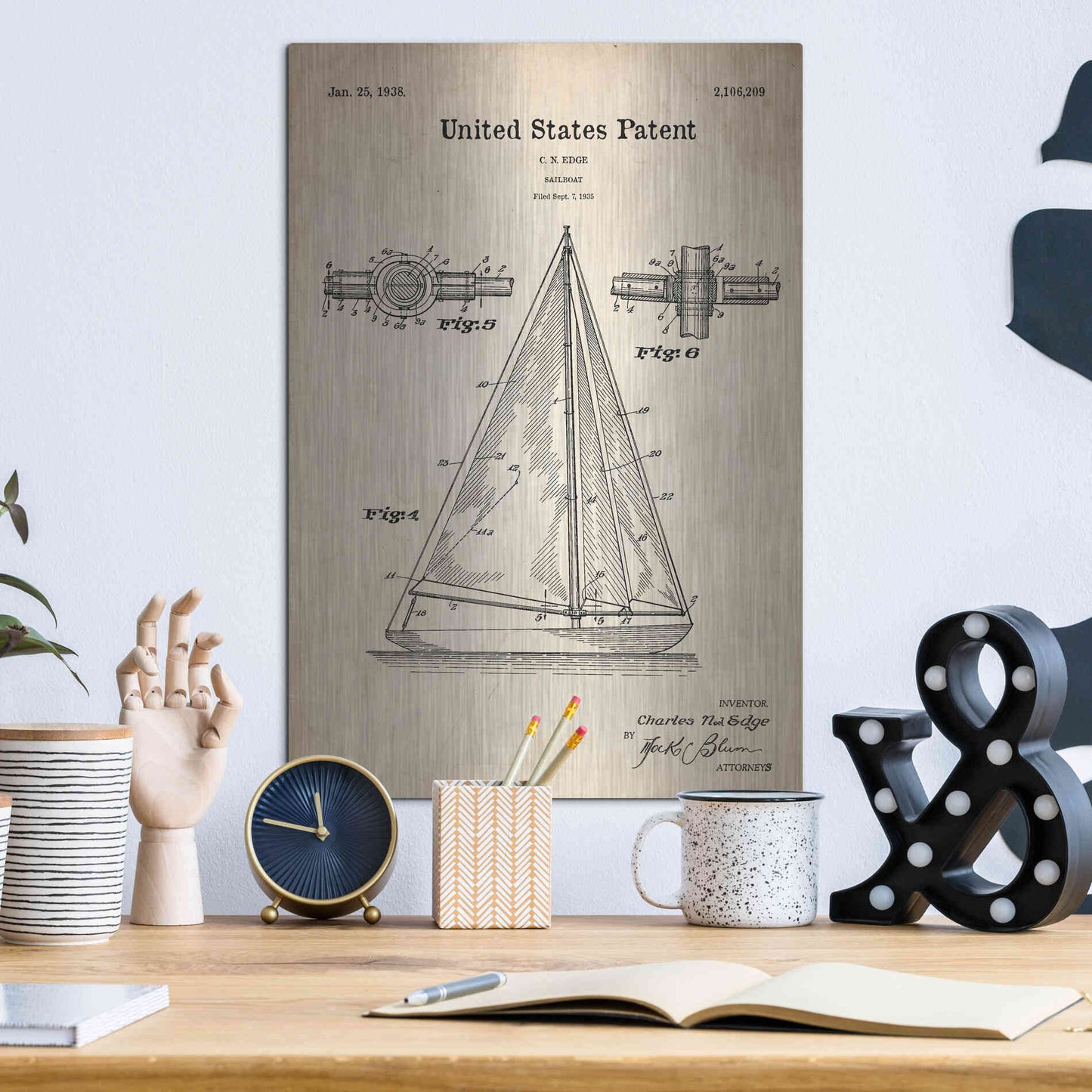 Luxe Metal Art 'Sailboat Blueprint Patent Parchment' Metal Wall Art,12x16