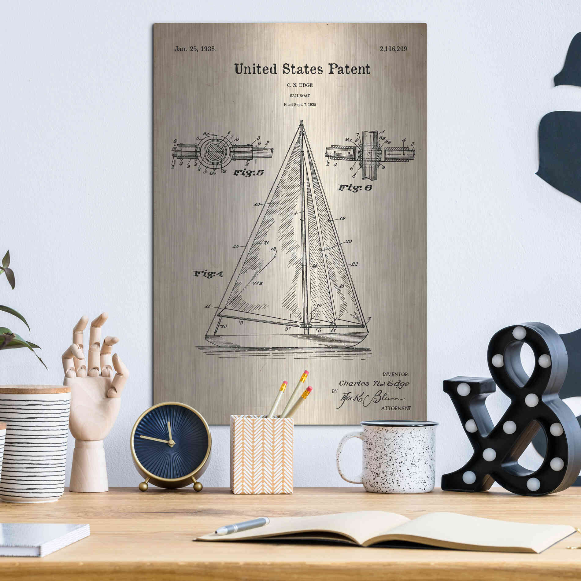 Luxe Metal Art 'Sailboat Blueprint Patent Parchment' Metal Wall Art,12x16
