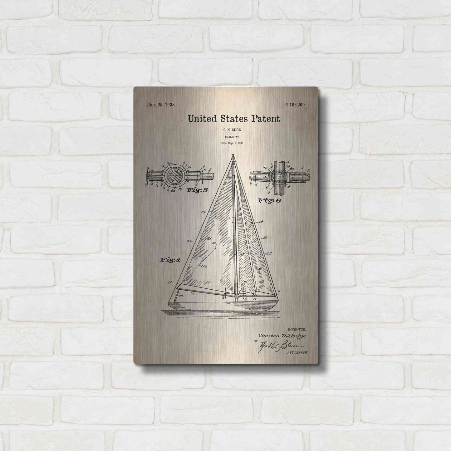 Luxe Metal Art 'Sailboat Blueprint Patent Parchment' Metal Wall Art,16x24