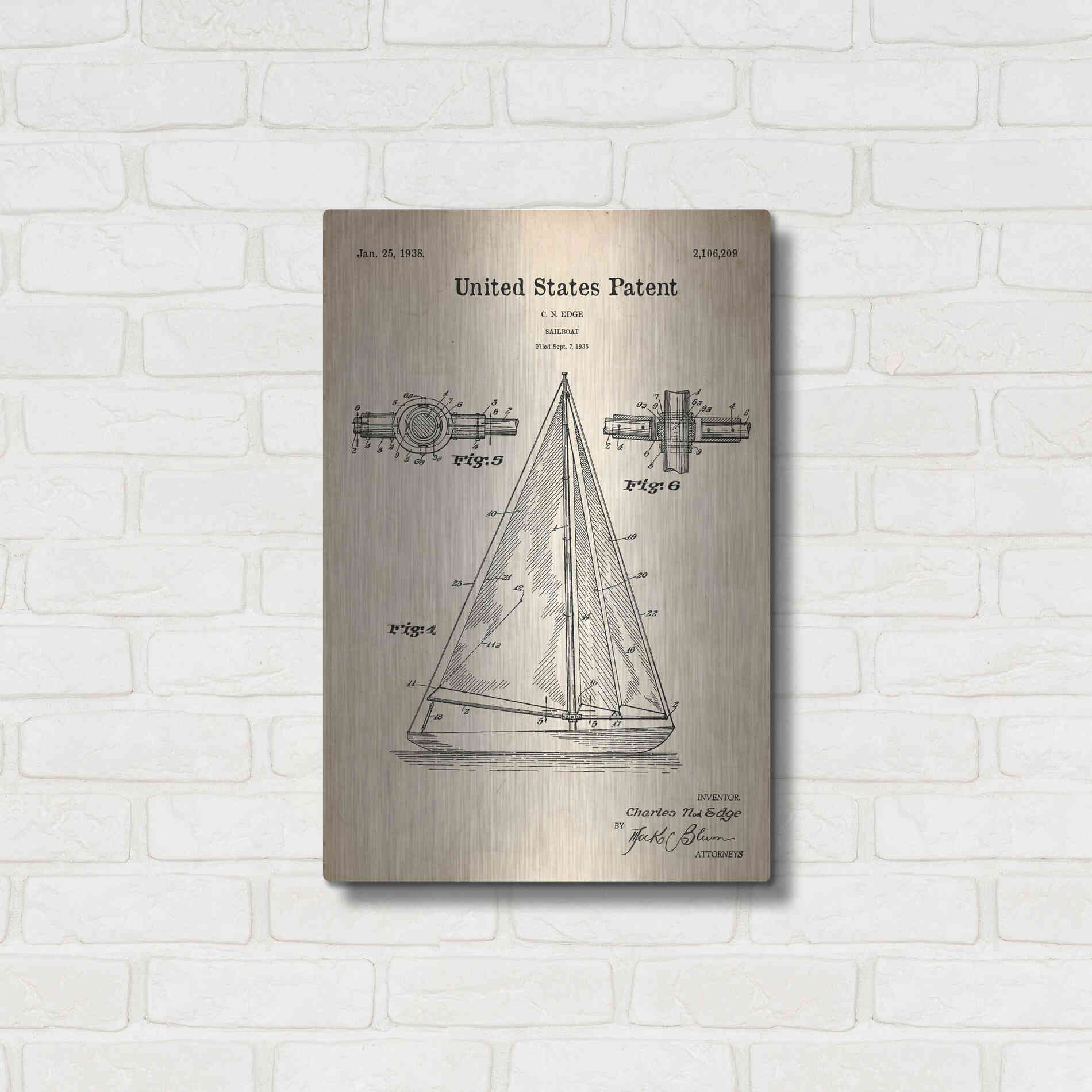 Luxe Metal Art 'Sailboat Blueprint Patent Parchment' Metal Wall Art,16x24