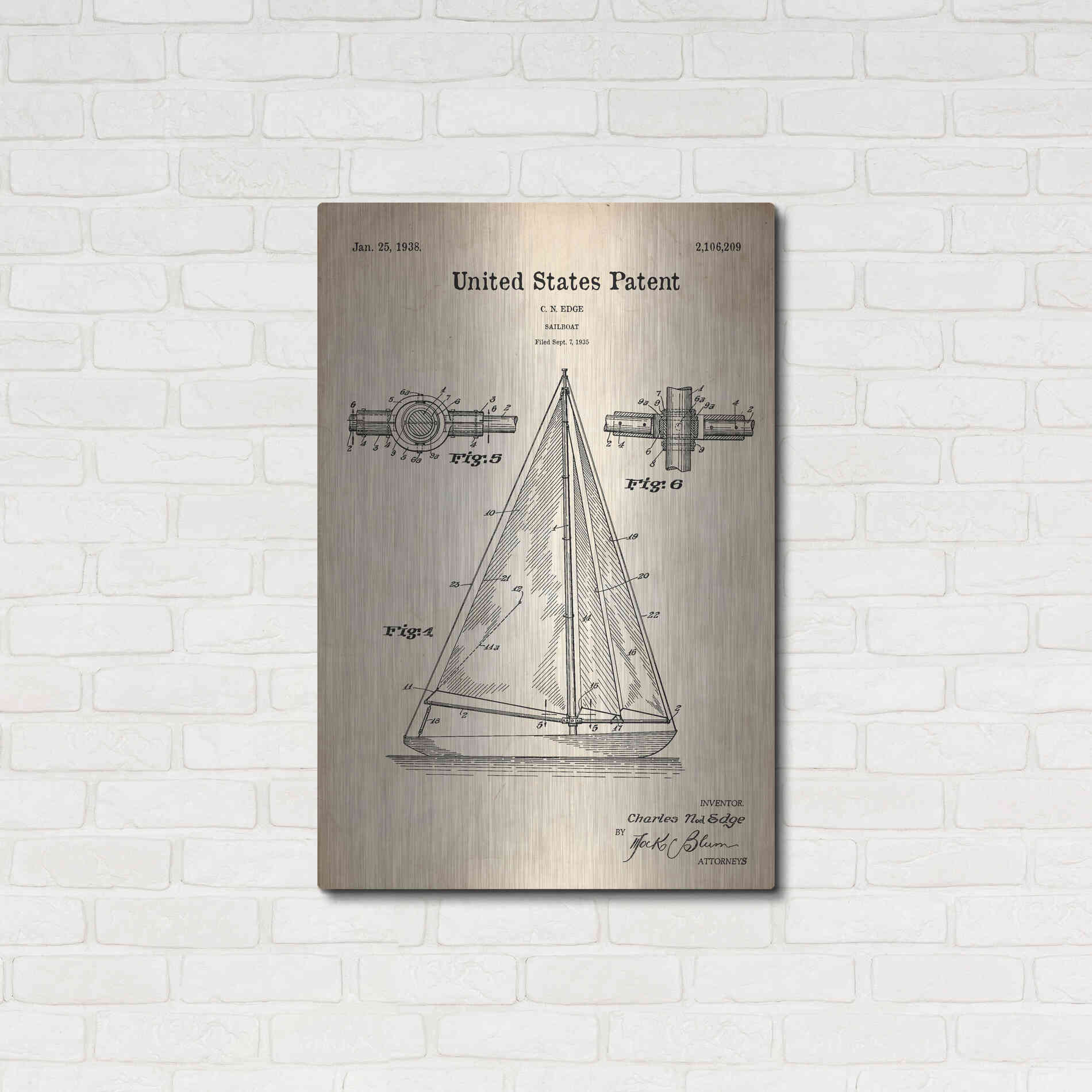 Luxe Metal Art 'Sailboat Blueprint Patent Parchment' Metal Wall Art,24x36