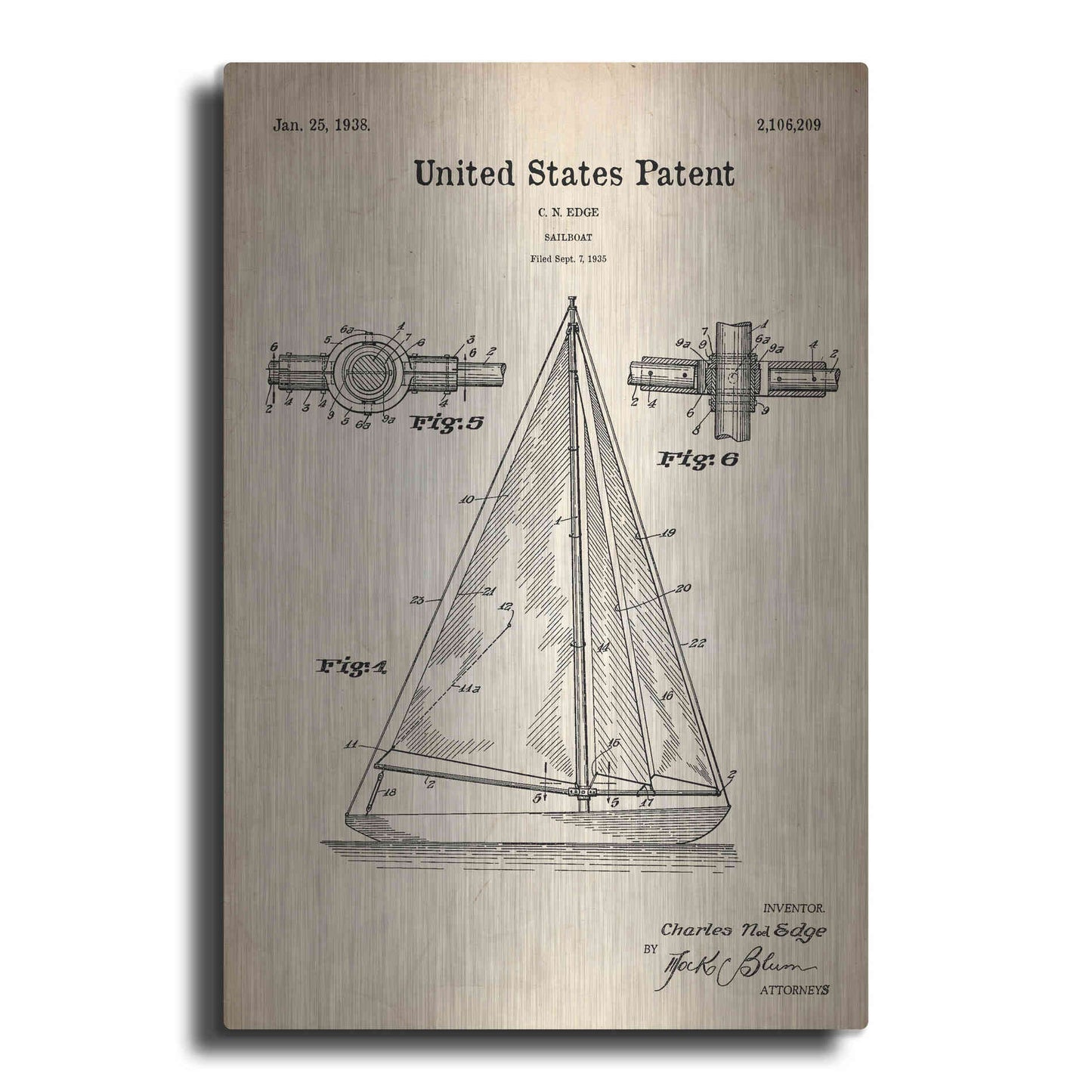 Luxe Metal Art 'Sailboat Blueprint Patent Parchment' Metal Wall Art
