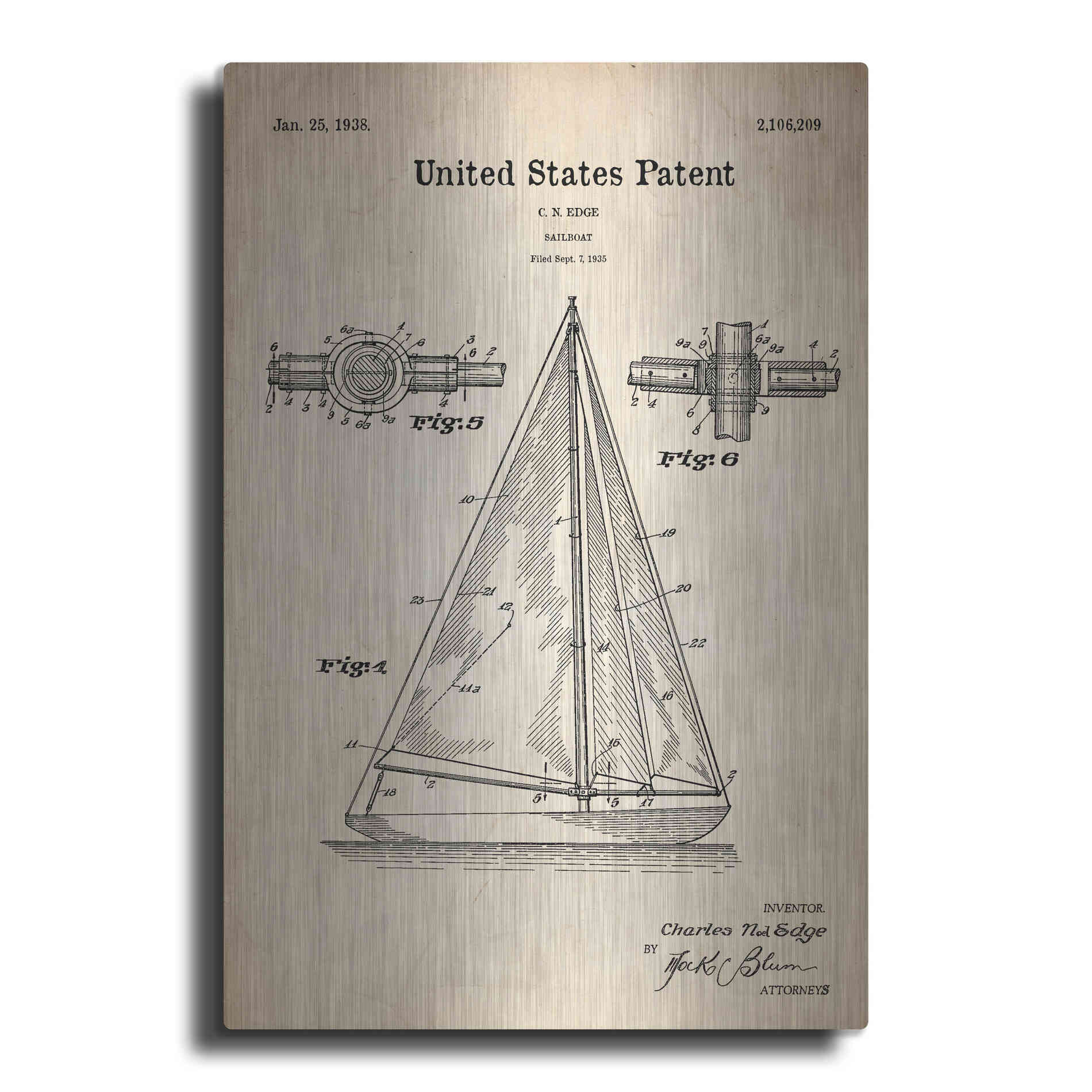 Luxe Metal Art 'Sailboat Blueprint Patent Parchment' Metal Wall Art