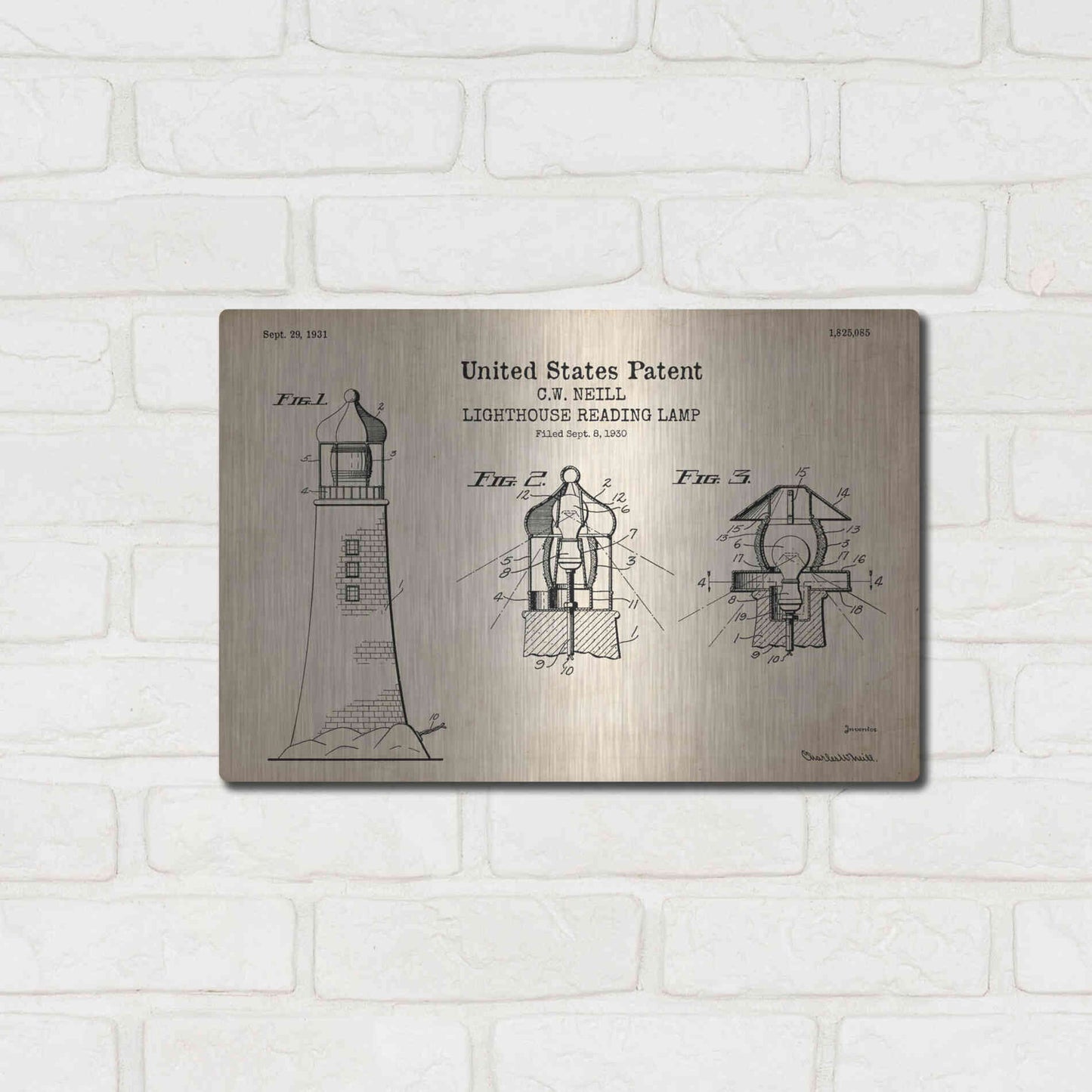 Luxe Metal Art 'Lighthouse Reading Lamp Blueprint Patent Parchment' Metal Wall Art,16x12