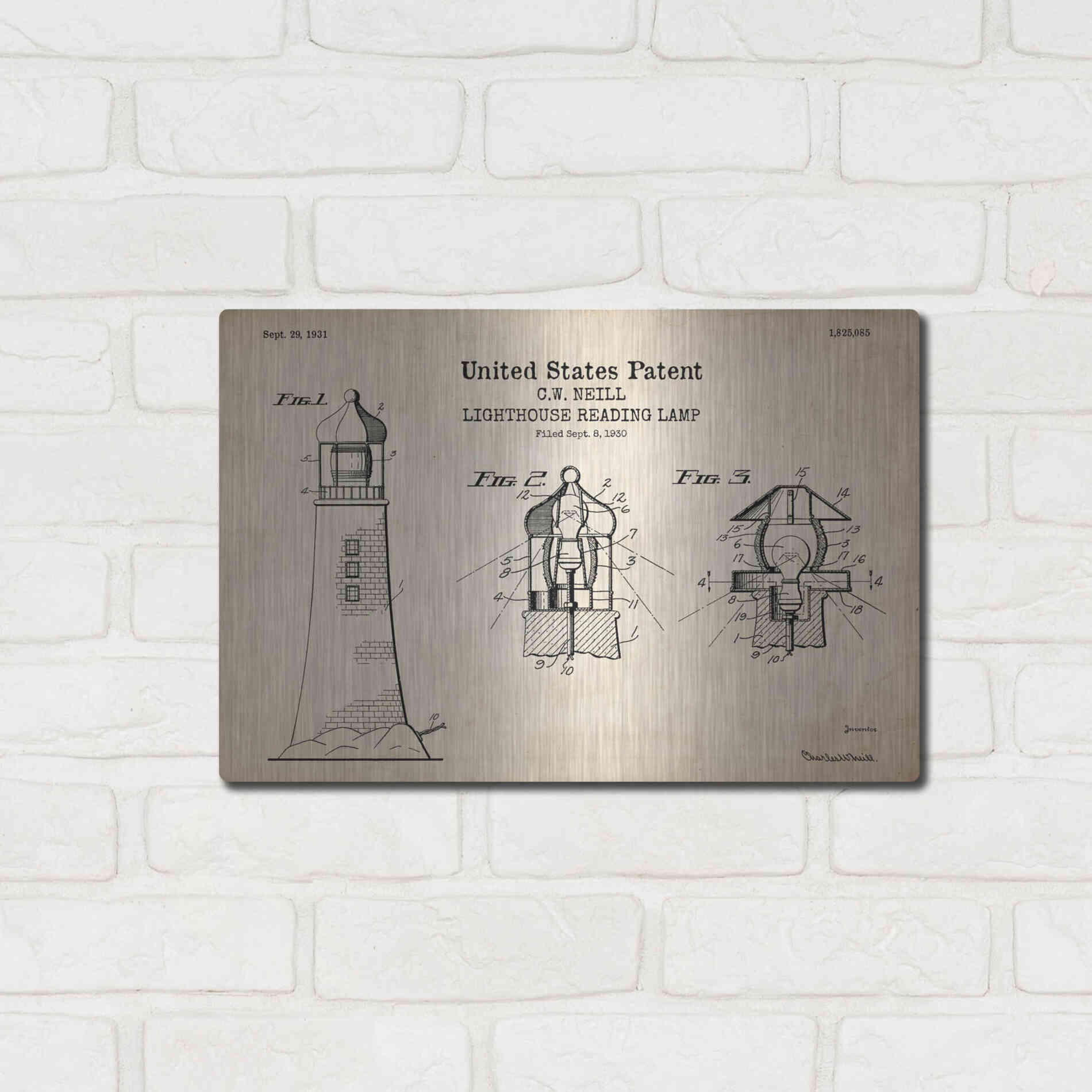 Luxe Metal Art 'Lighthouse Reading Lamp Blueprint Patent Parchment' Metal Wall Art,16x12