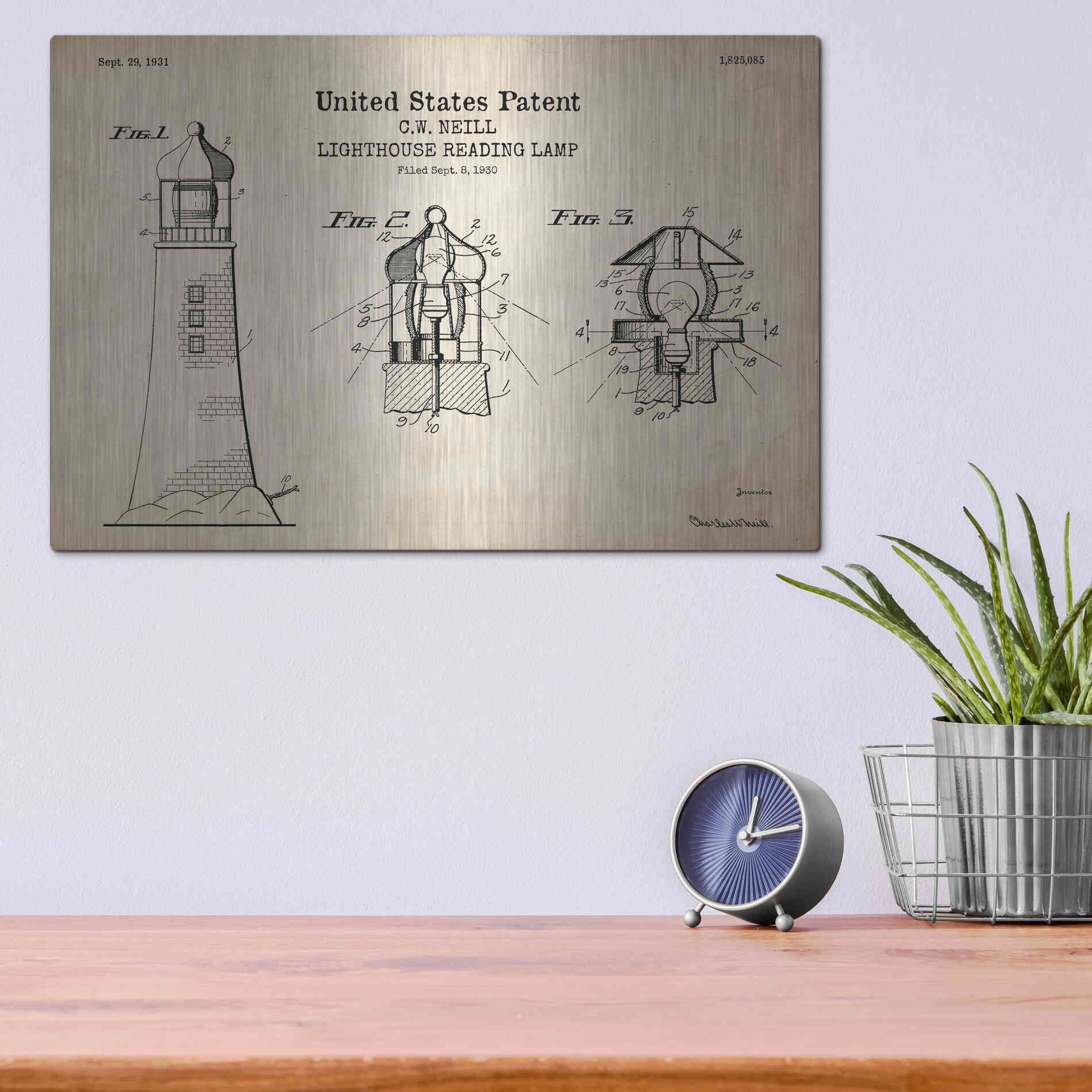 Luxe Metal Art 'Lighthouse Reading Lamp Blueprint Patent Parchment' Metal Wall Art,16x12