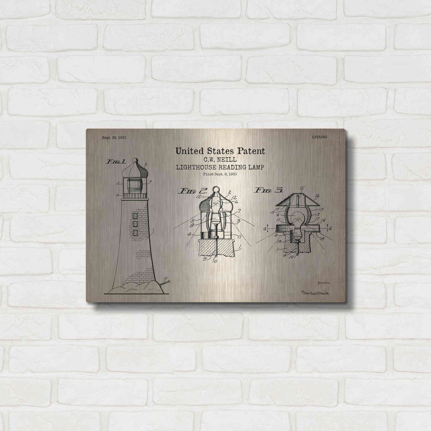 Luxe Metal Art 'Lighthouse Reading Lamp Blueprint Patent Parchment' Metal Wall Art,24x16