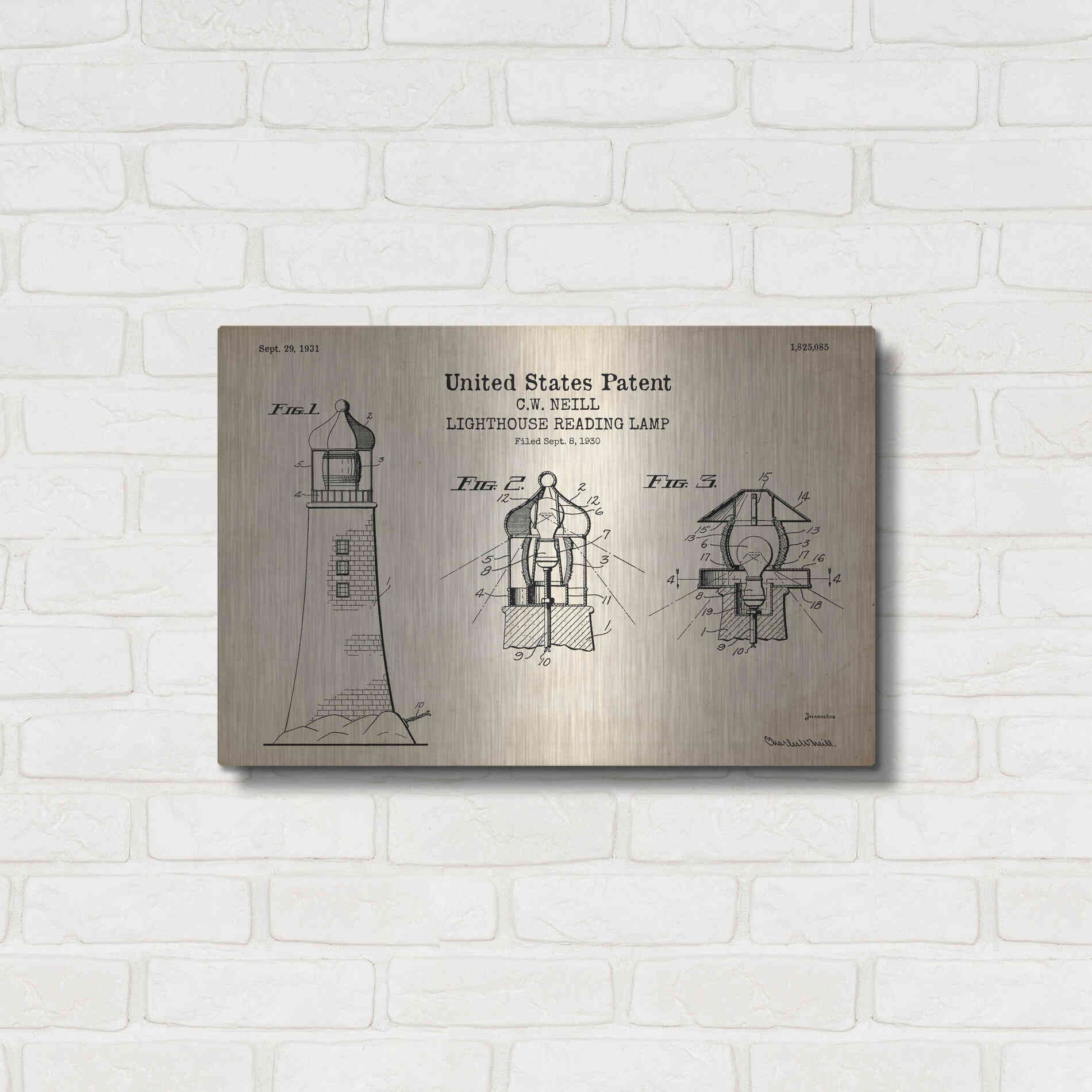 Luxe Metal Art 'Lighthouse Reading Lamp Blueprint Patent Parchment' Metal Wall Art,24x16